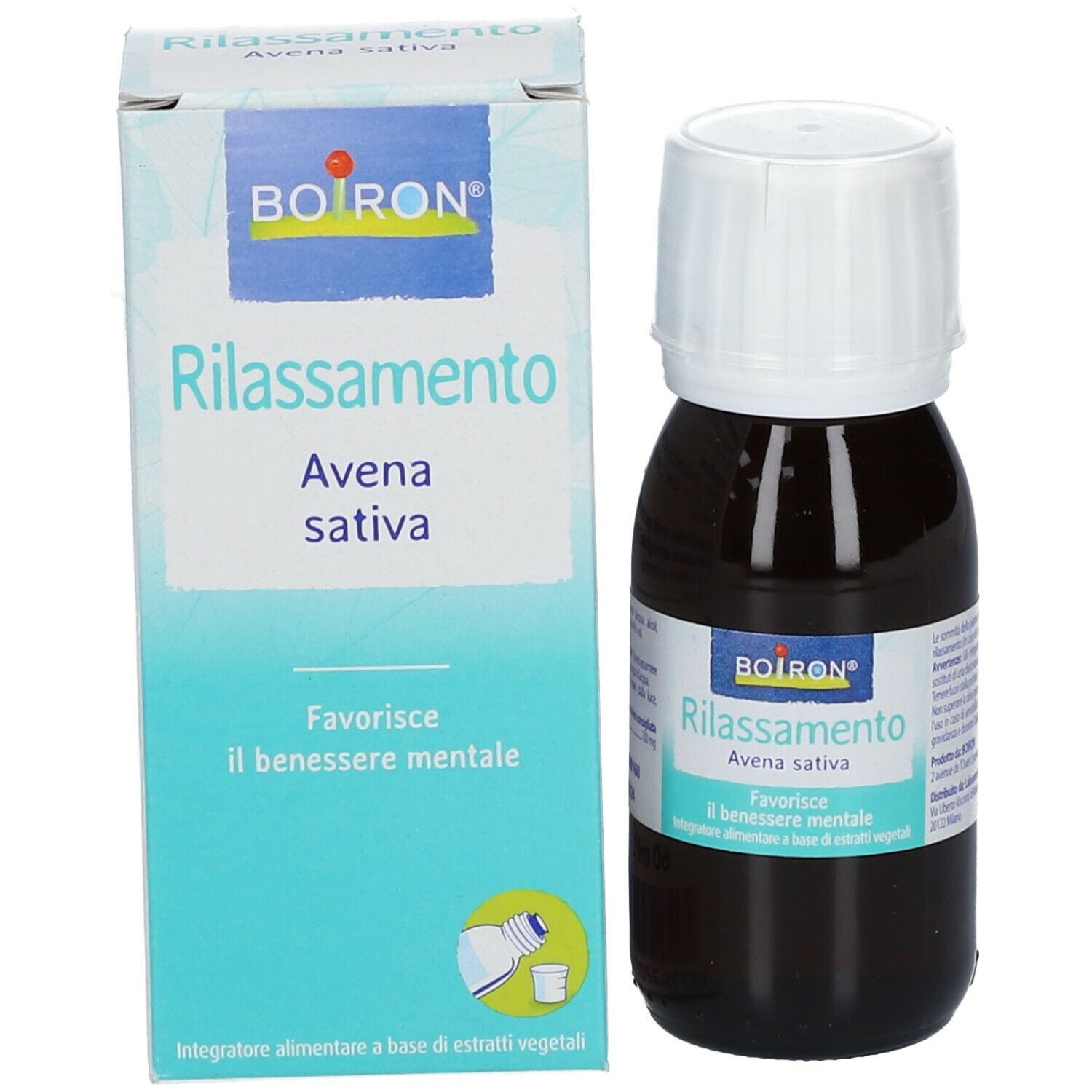 Produktverpackung mit Flasche. Karton mit Produktnamen und Marke BOIRON®. Text: Rilassamento, Avena sativa.