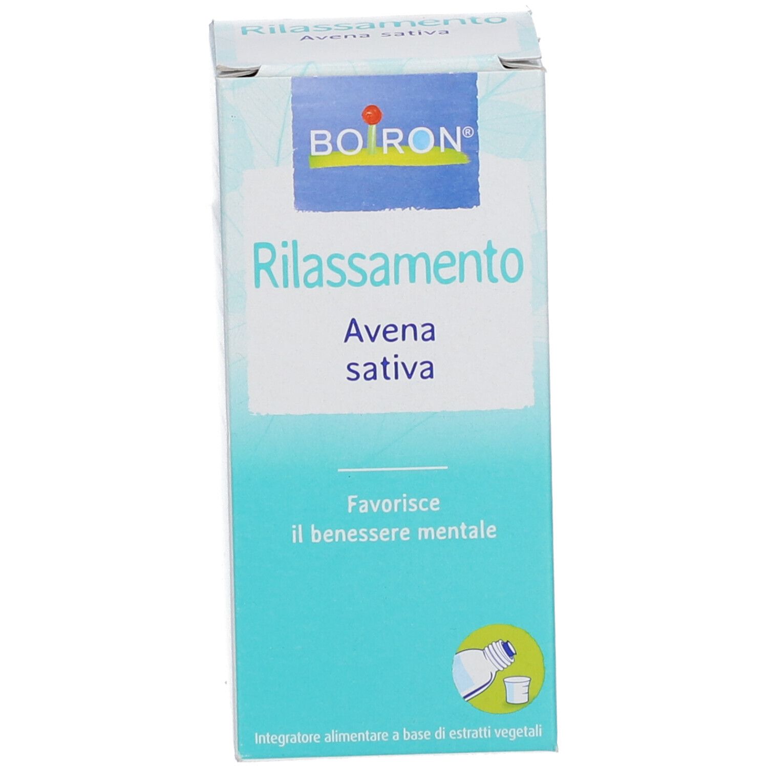Produktverpackung. Karton mit Produktnamen und Marke BOIRON®. Text: Rilassamento, Avena sativa.