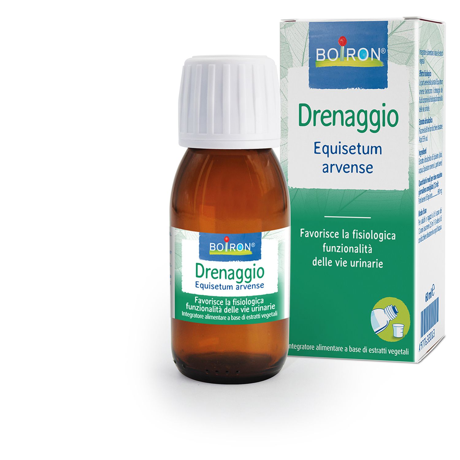 Flacone di vetro marrone con tappo bianco ed etichetta. L'etichetta riporta "BOIRON Drenaggio Equisetum arvense".