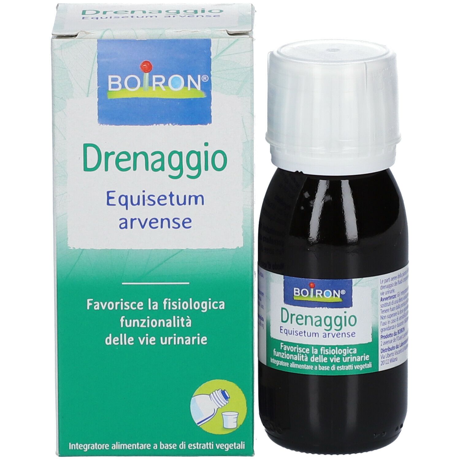 Flacone marrone con tappo bianco e scatola. Sul flacone e sulla scatola c'è scritto "BOIRON Drenaggio".