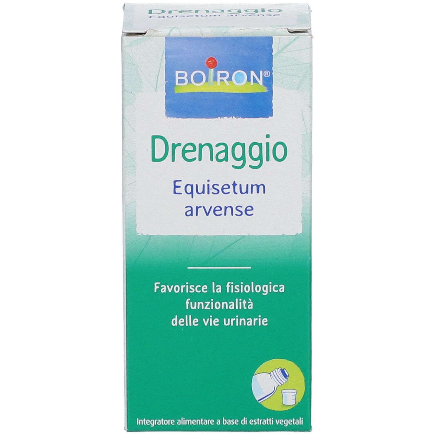 Scatola verde con testo bianco. Sulla scatola c'è scritto "BOIRON Drenaggio Equisetum arvense".