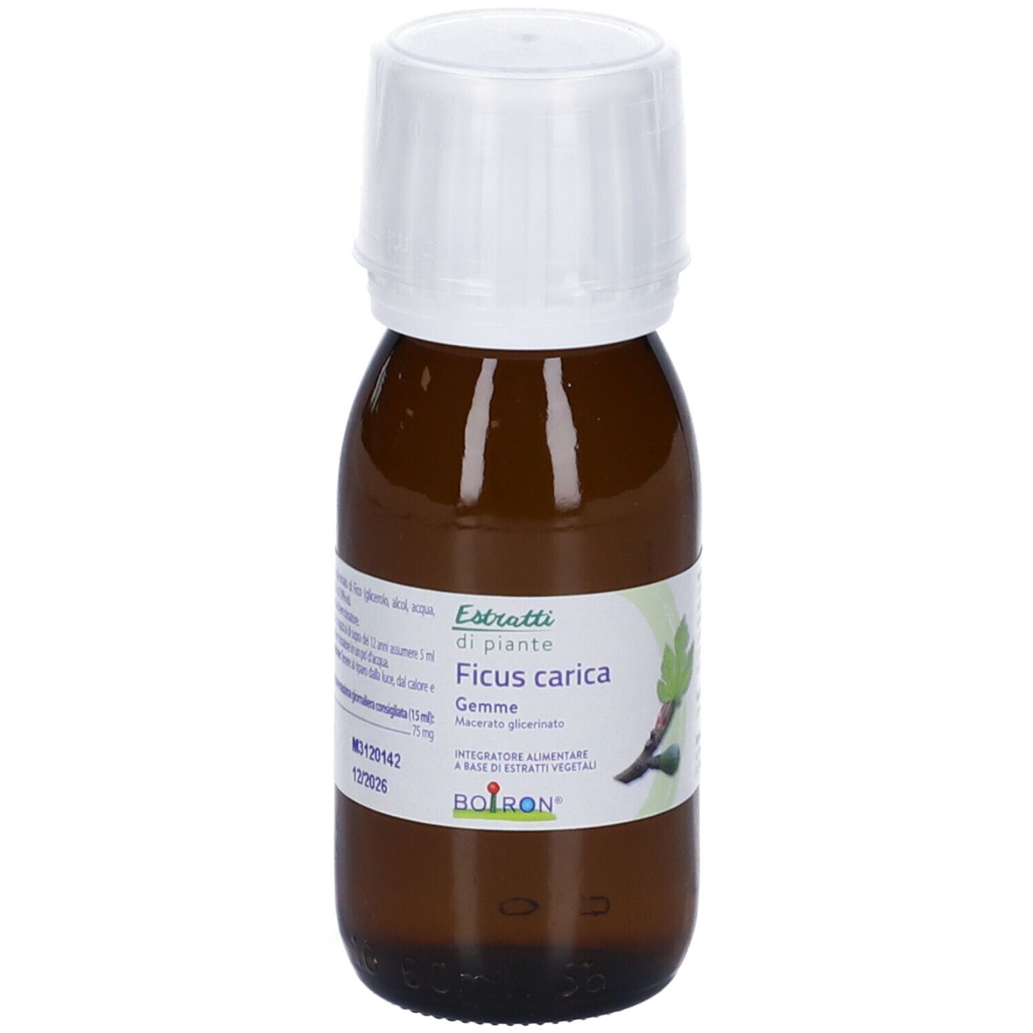 Flacone di vetro marrone con tappo bianco. Etichetta 'Ficus carica Gemme'. Marchio BOIRON® e 'Estratti di piante'.
