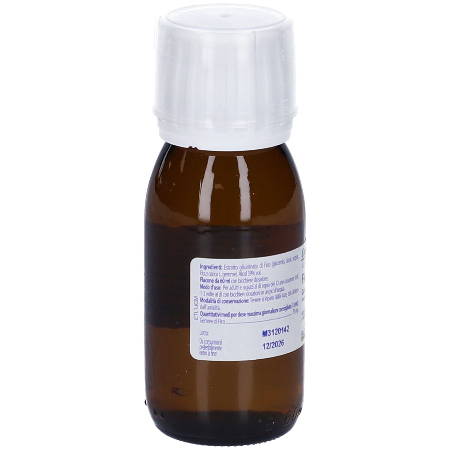 Flacone di vetro marrone con tappo bianco. Etichetta 'Ficus carica Gemme'. Marchio BOIRON® e 'Estratti di piante'.