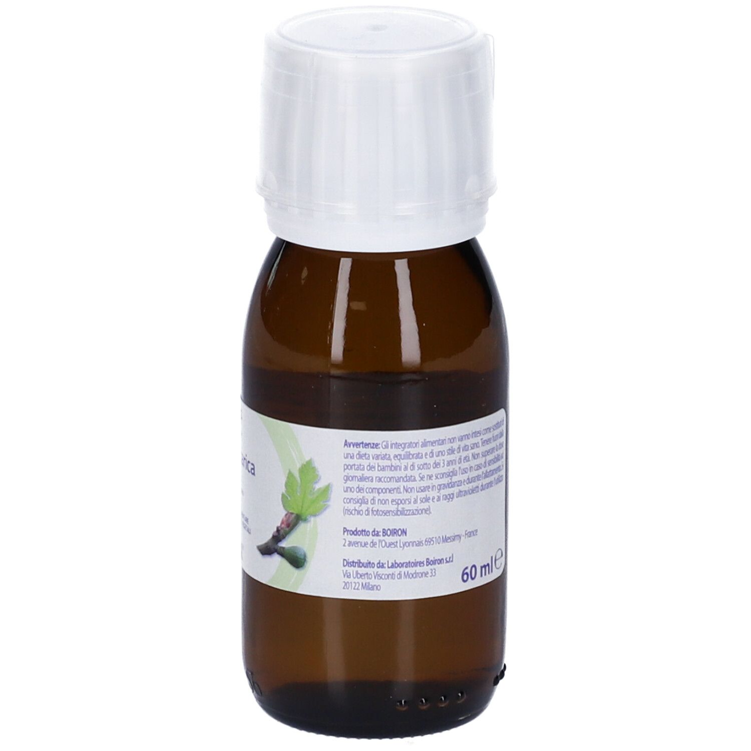 Flacone di vetro marrone con tappo bianco. Etichetta 'Ficus carica Gemme'. Marchio BOIRON® e 'Estratti di piante'.