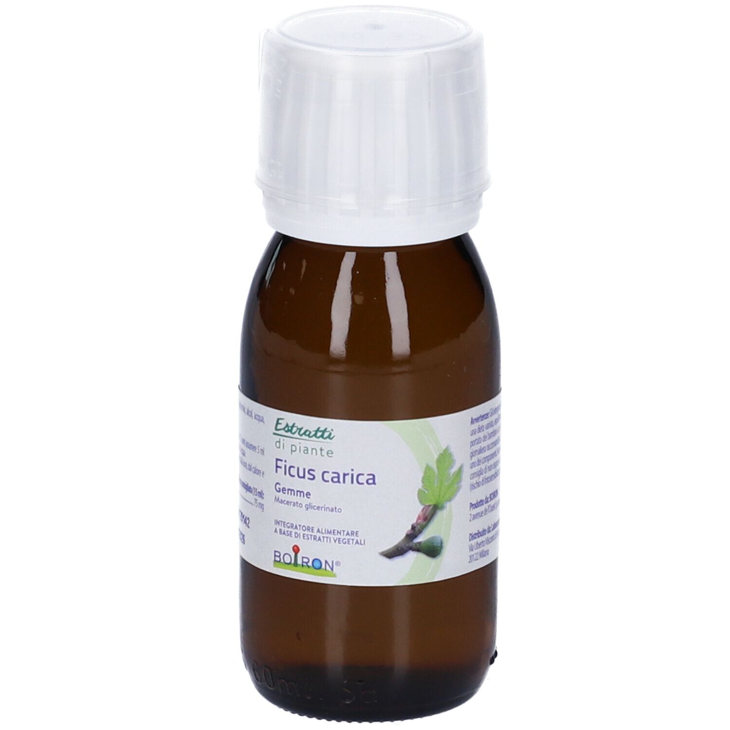 Flacone di vetro marrone con tappo bianco. Etichetta 'Ficus carica Gemme'. Marchio BOIRON® e 'Estratti di piante'.