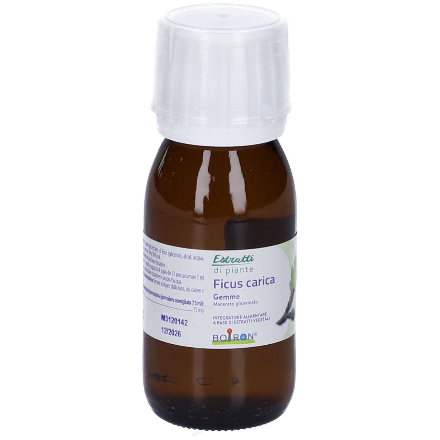 Flacone di vetro marrone con tappo bianco. Etichetta 'Ficus carica Gemme'. Marchio BOIRON® e 'Estratti di piante'.