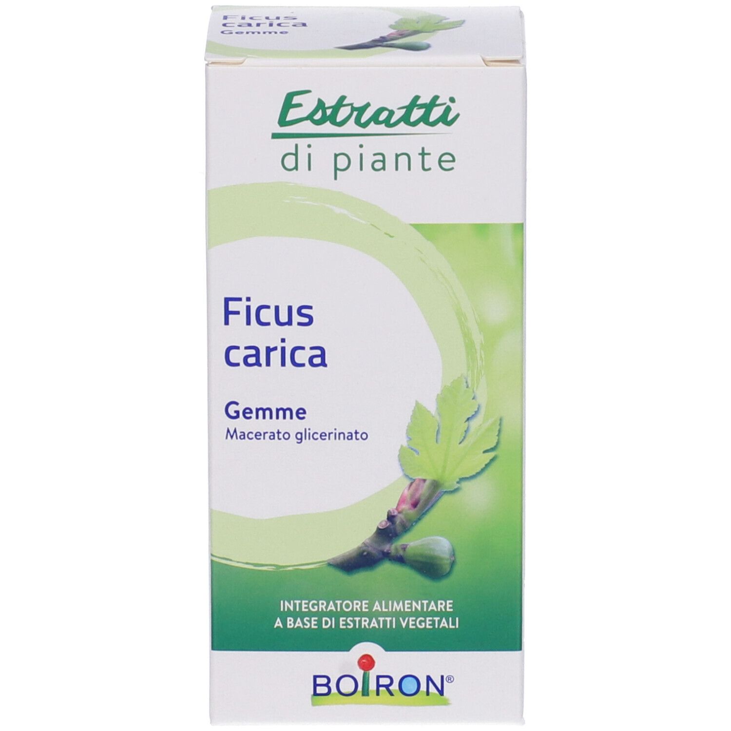 Confezione con 'Ficus carica Gemme'. Marchio BOIRON® e 'Estratti di piante'.