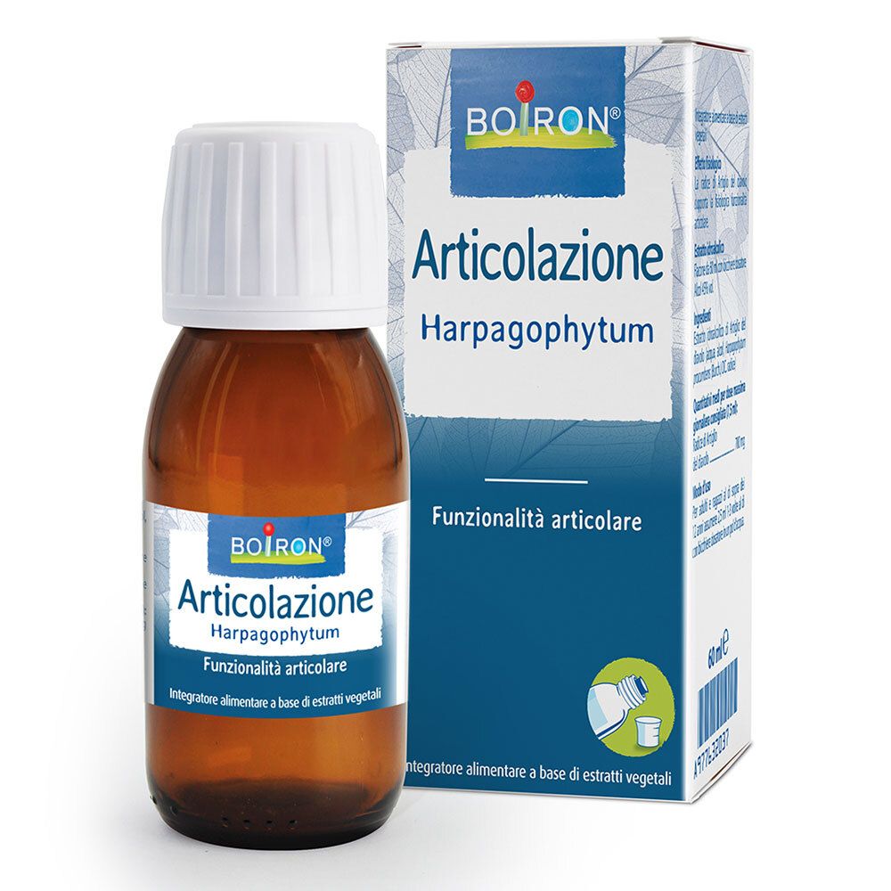 Flacone di vetro marrone con tappo bianco ed etichetta. Scatola con informazioni sul prodotto. Scritto: Articolazione Harpagophytum.