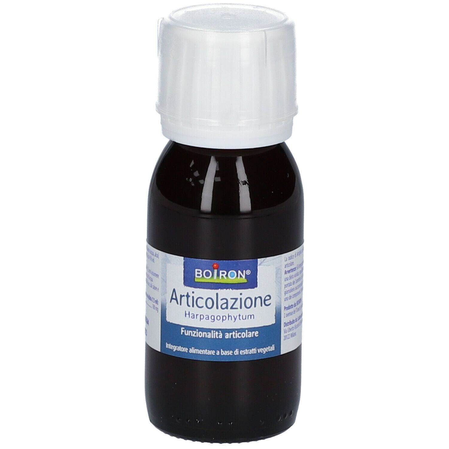 Flacone di vetro marrone con tappo bianco. Sull'etichetta: Articolazione Harpagophytum. Flacone su sfondo chiaro.