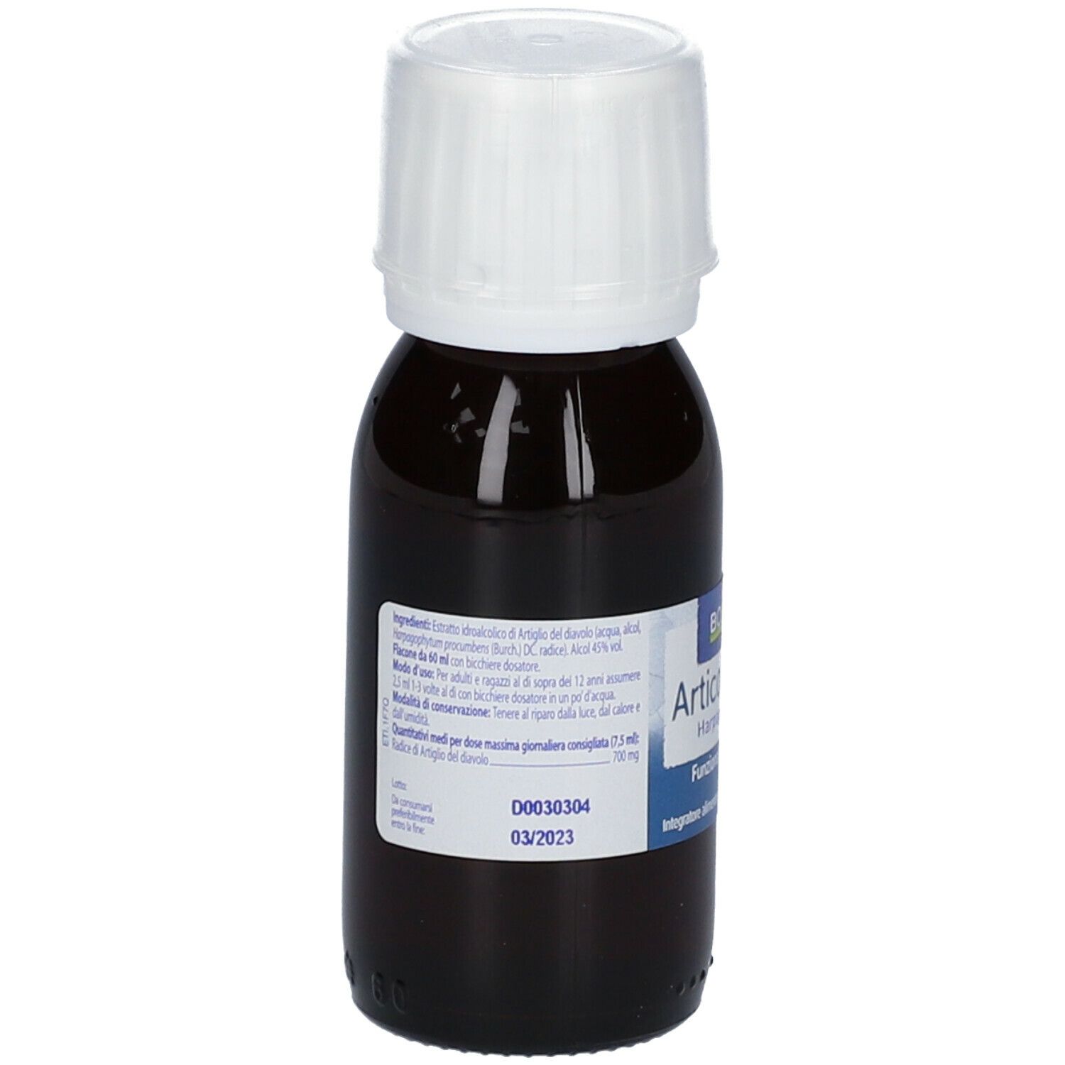 Flacone di vetro marrone con tappo bianco. Etichetta con informazioni sul prodotto. Scritto: Articolazione Harpagophytum. Flacone in piedi.