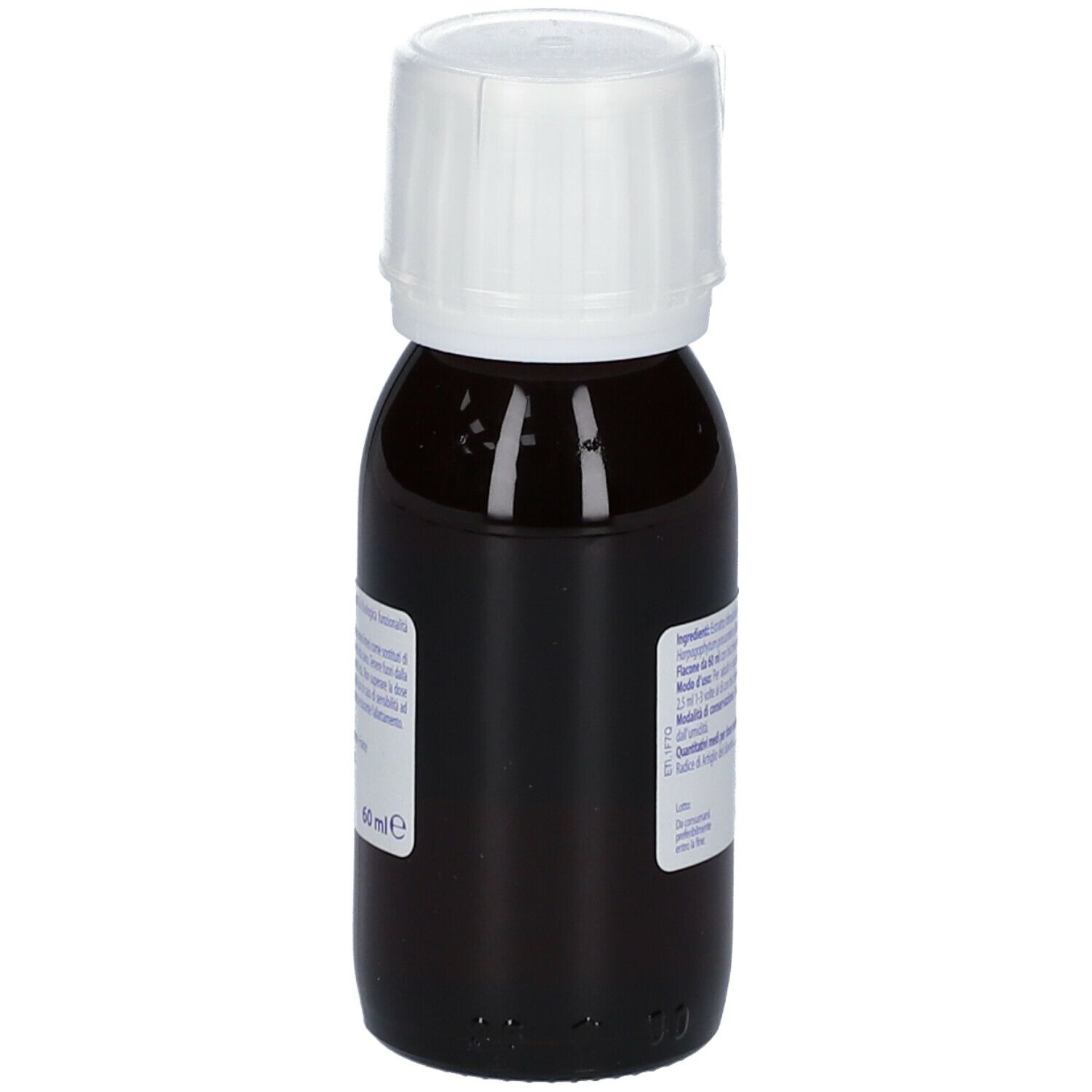 Flacone di vetro marrone con tappo bianco. Etichetta con informazioni sul prodotto. Scritto: Articolazione Harpagophytum. Flacone in piedi.