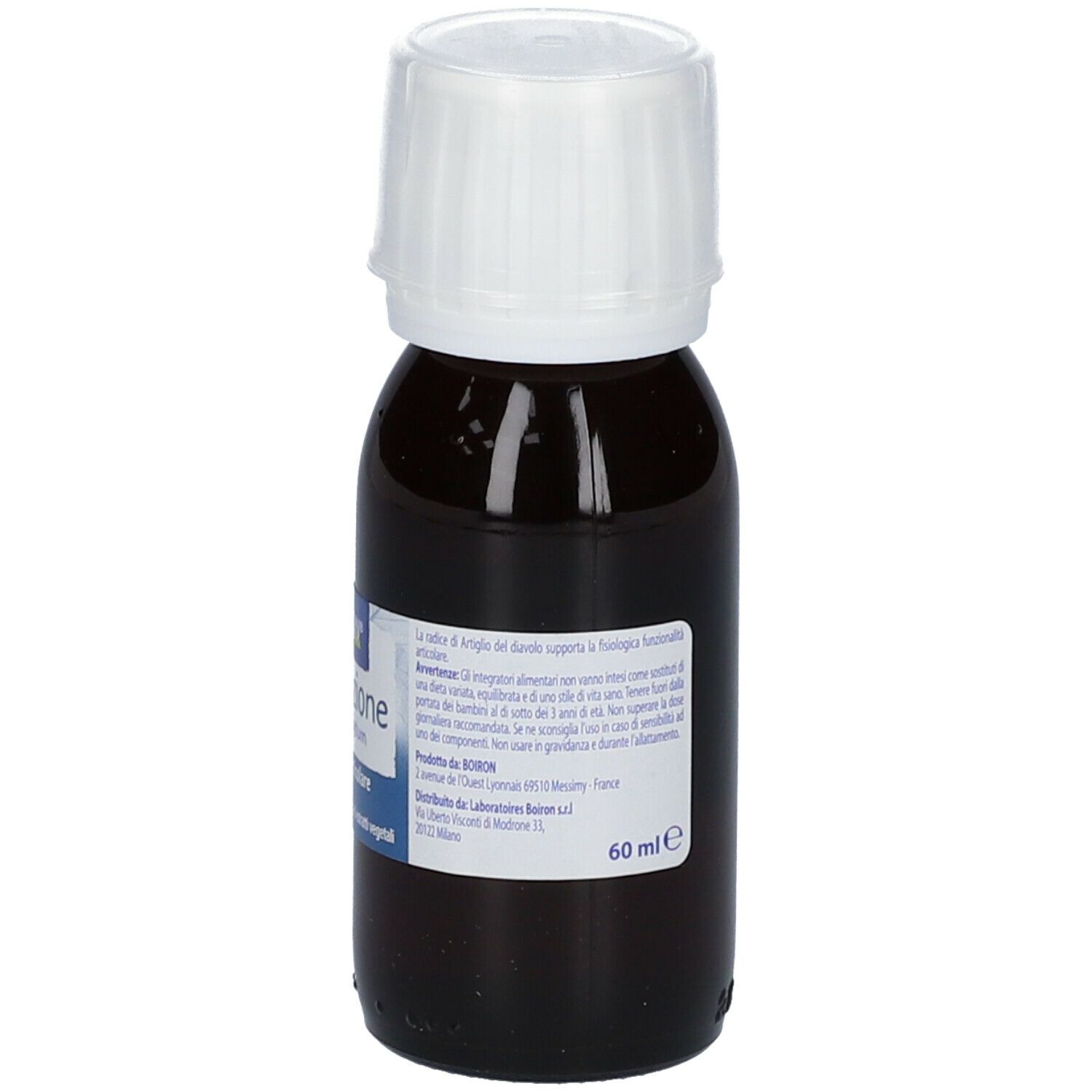 Flacone di vetro marrone con tappo bianco. Etichetta con informazioni sul prodotto. Scritto: Articolazione Harpagophytum. Flacone in piedi.