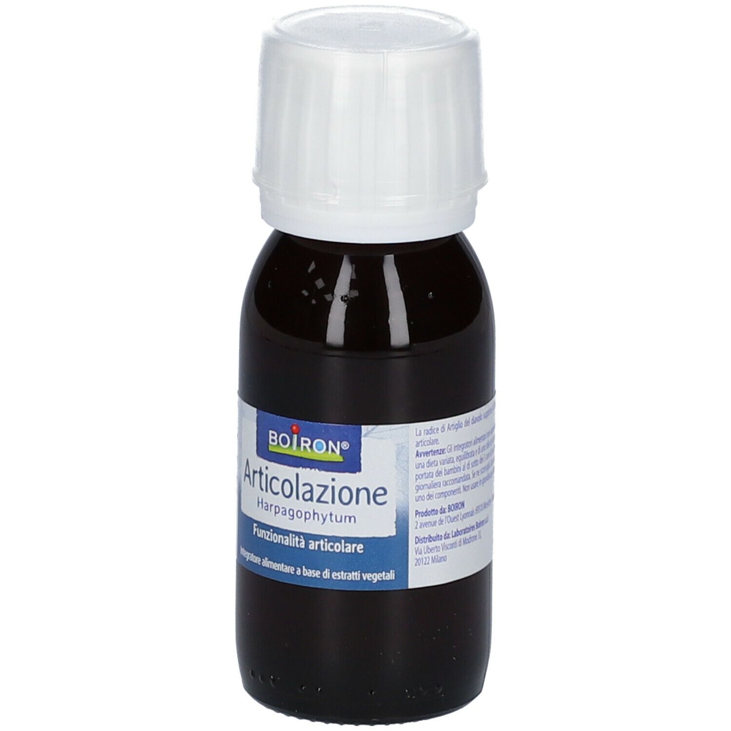 Flacone di vetro marrone con tappo bianco. Etichetta con informazioni sul prodotto. Scritto: Articolazione Harpagophytum. Flacone in piedi.