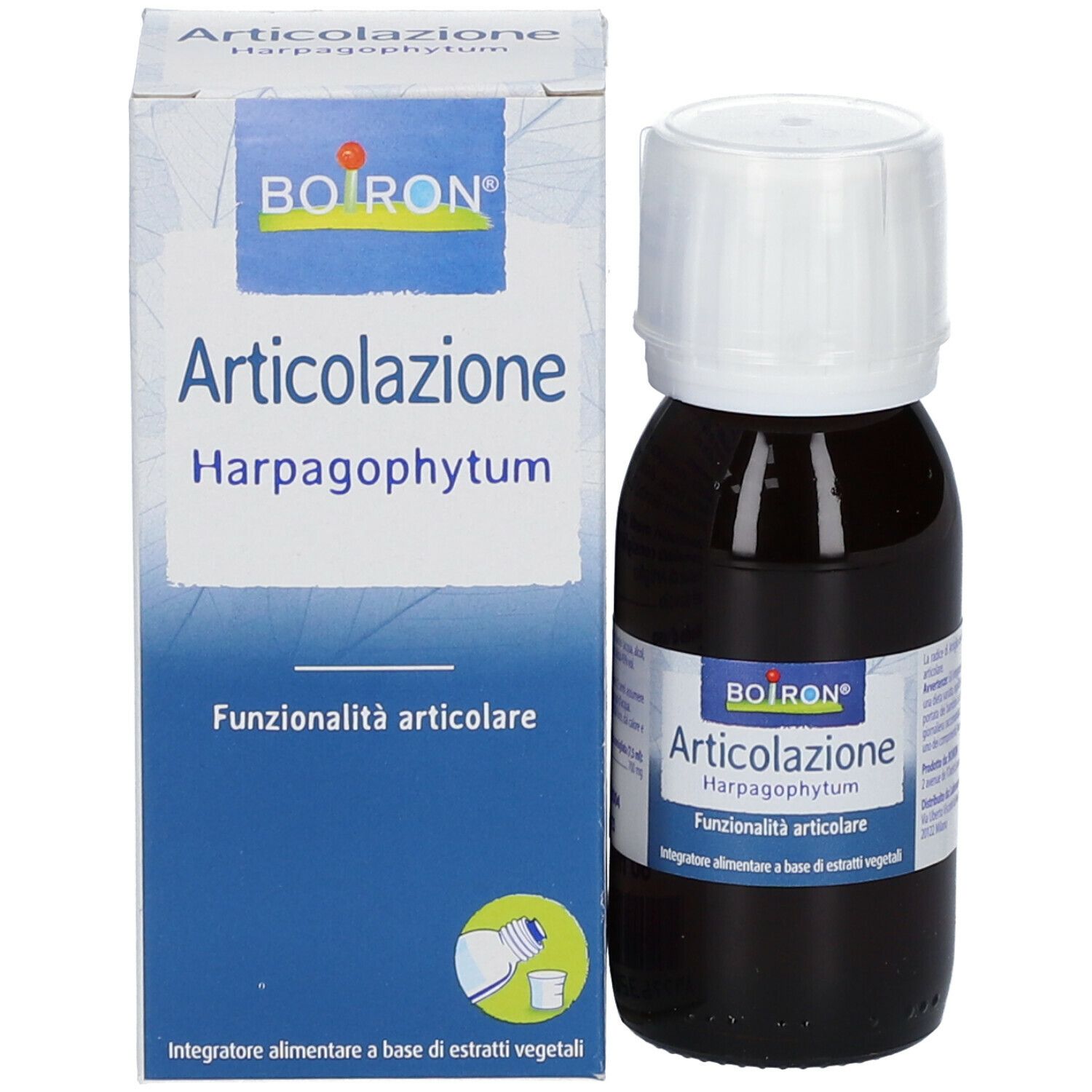 Flacone di vetro marrone con tappo bianco e confezione del prodotto. Scritto: Articolazione Harpagophytum. Flacone in piedi.