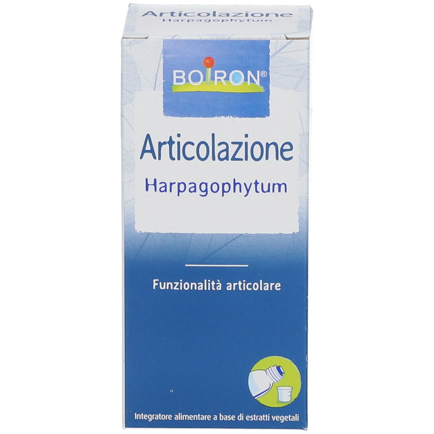 Confezione del prodotto con scritto: Articolazione Harpagophytum. Sulla confezione è raffigurato un simbolo di flacone.