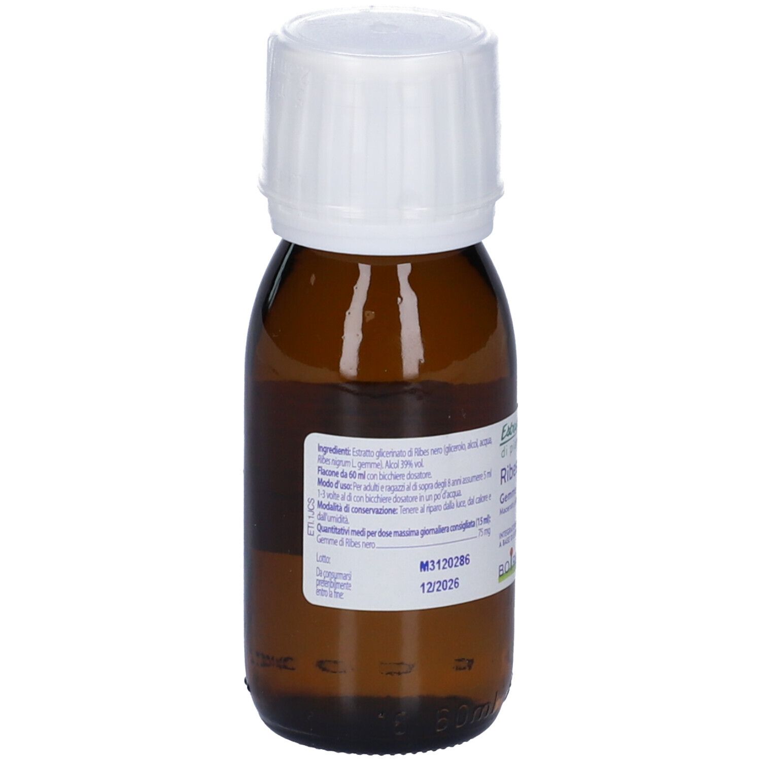 Flacone di vetro marrone con tappo bianco. Etichetta con informazioni sul prodotto, inclusi ingredienti e scadenza 12/2026.