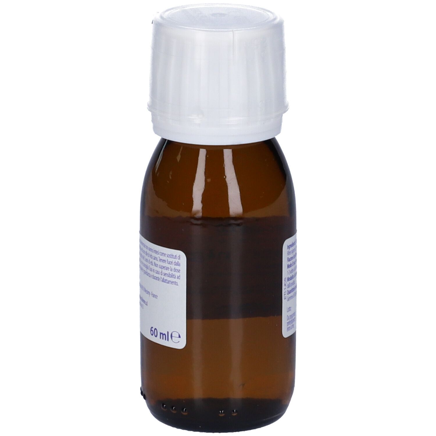 Flacone di vetro marrone con tappo bianco. Etichetta con informazioni sul prodotto e indicazione del volume 60 ml.