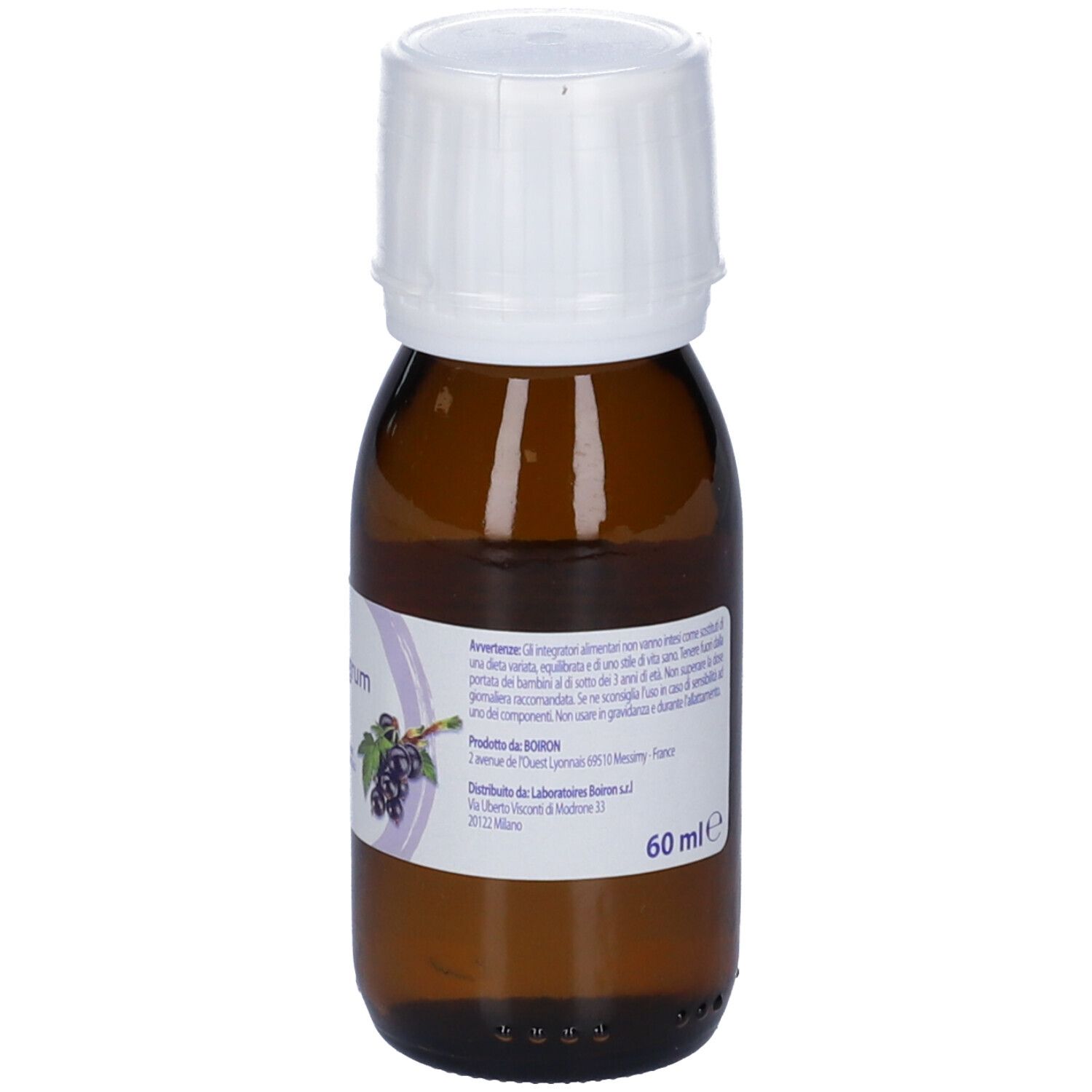 Flacone di vetro marrone con tappo bianco. Etichetta con informazioni sul prodotto e indicazione del volume 60 ml. Scritta: BOIRON.
