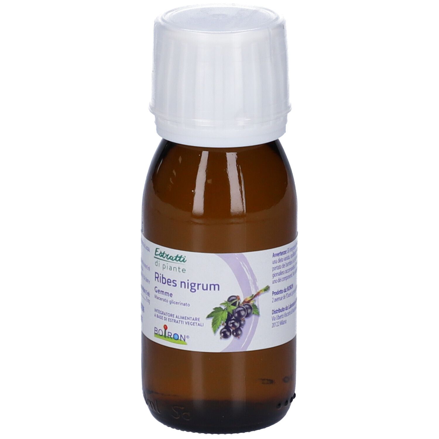 Flacone di vetro marrone con tappo bianco. Etichetta con nome del prodotto Ribes nigrum Gemme e illustrazione di ribes neri. Scritta: BOIRON.