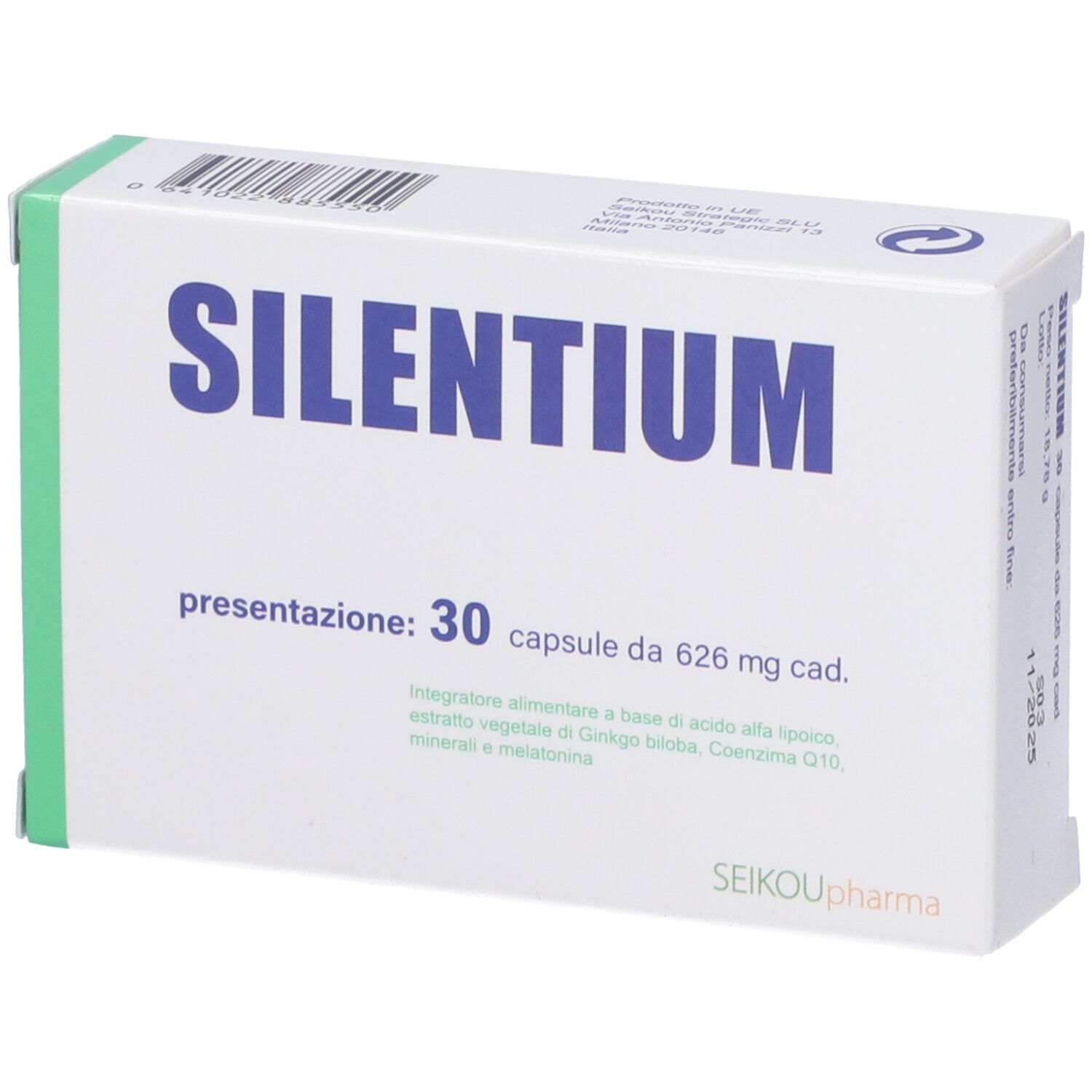 Scatola SILENTIUM, 30 capsule. Testo blu su sfondo bianco. Informazioni sulla confezione.