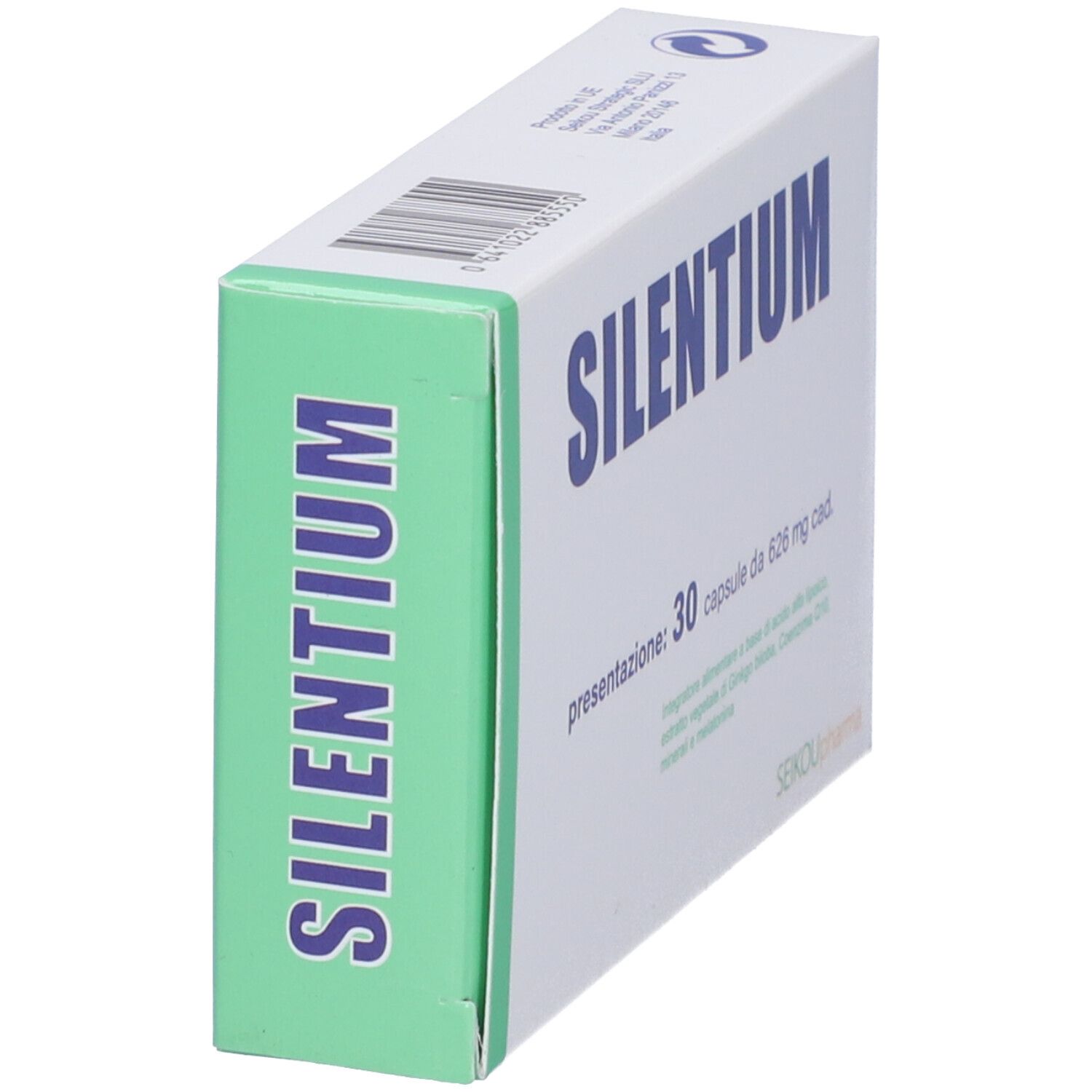 Scatola SILENTIUM, 30 capsule. Testo blu su sfondo bianco. Lati verdi.