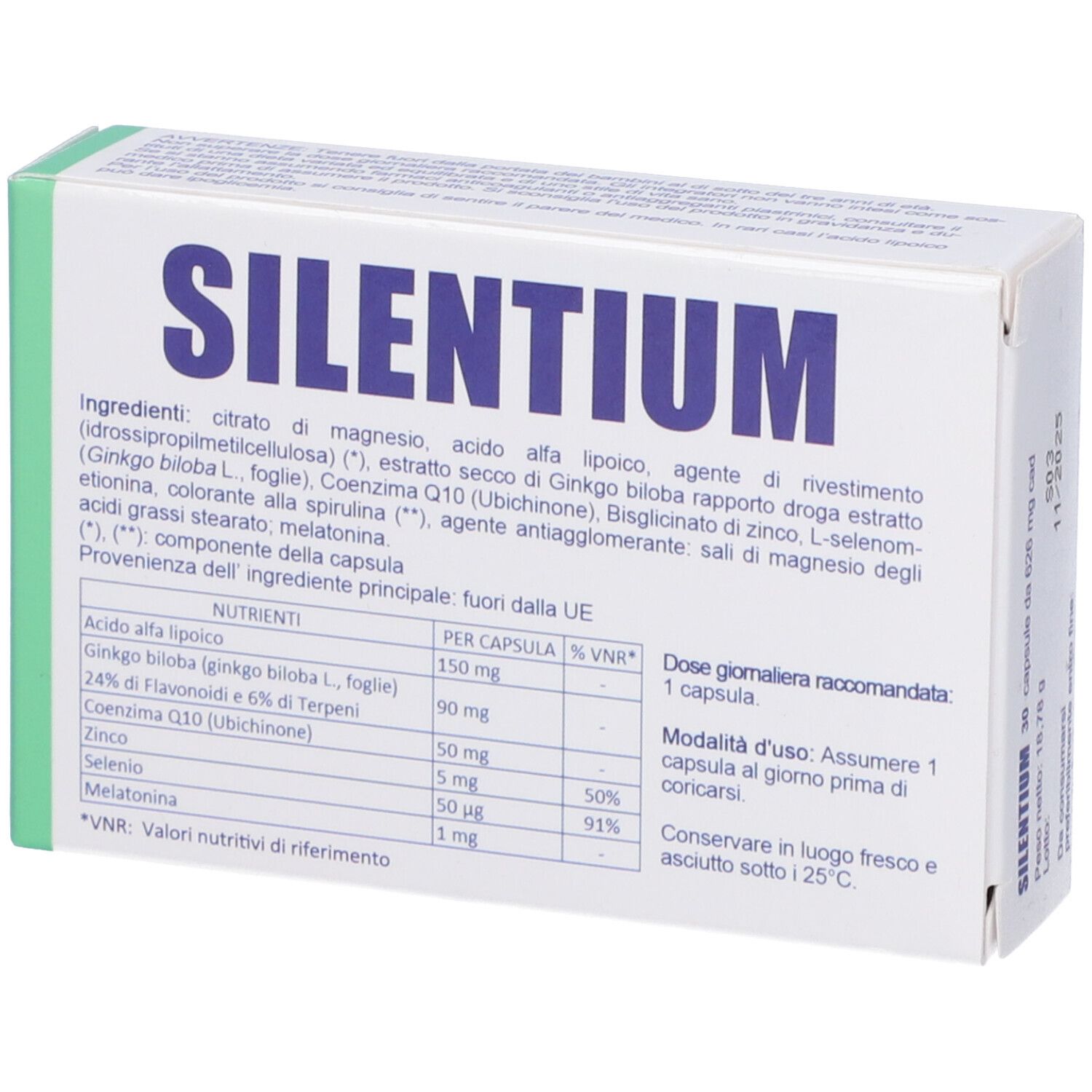 Scatola SILENTIUM, 30 capsule. Retro con ingredienti e informazioni nutrizionali.