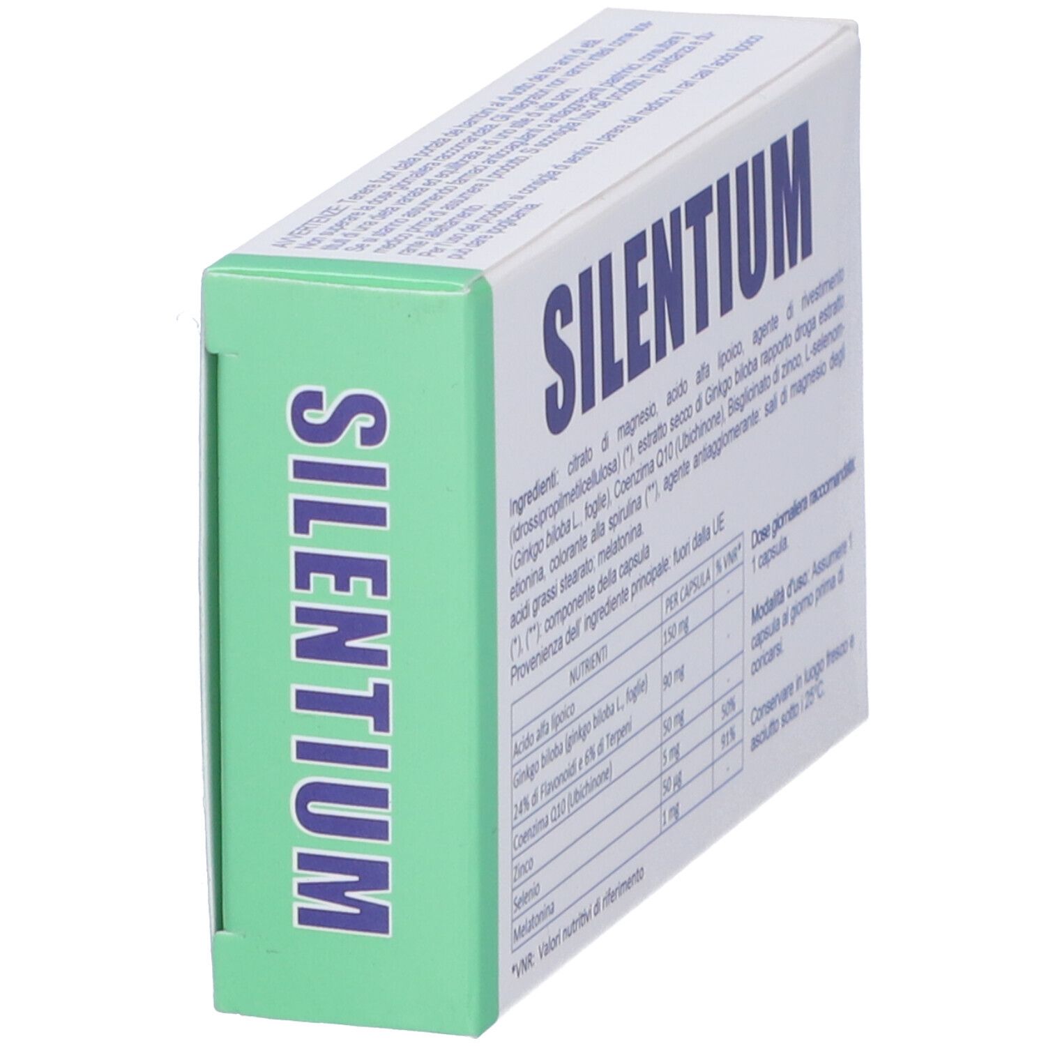 Scatola SILENTIUM, 30 capsule. Retro con ingredienti e informazioni nutrizionali.
