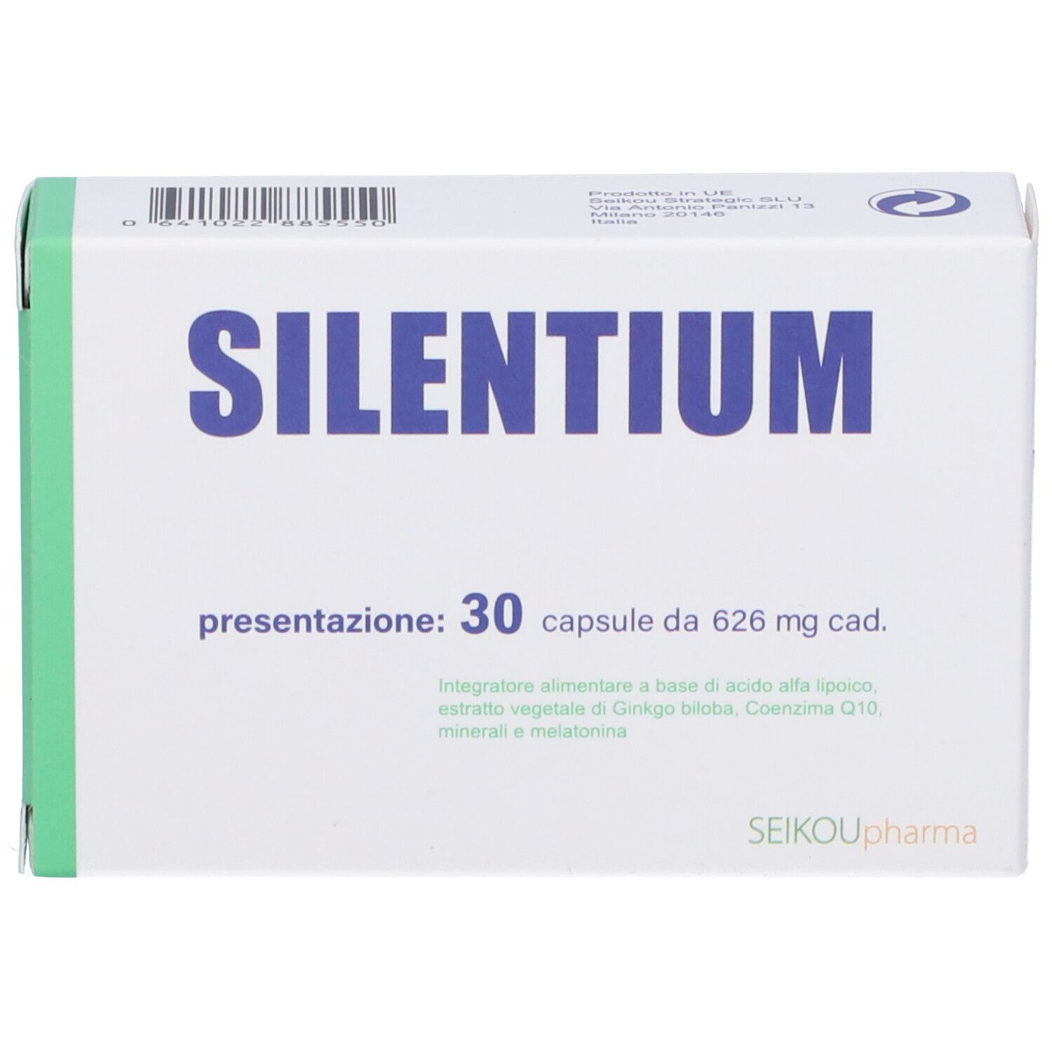 Scatola SILENTIUM, 30 capsule. Testo blu su sfondo bianco. Informazioni sulla confezione.