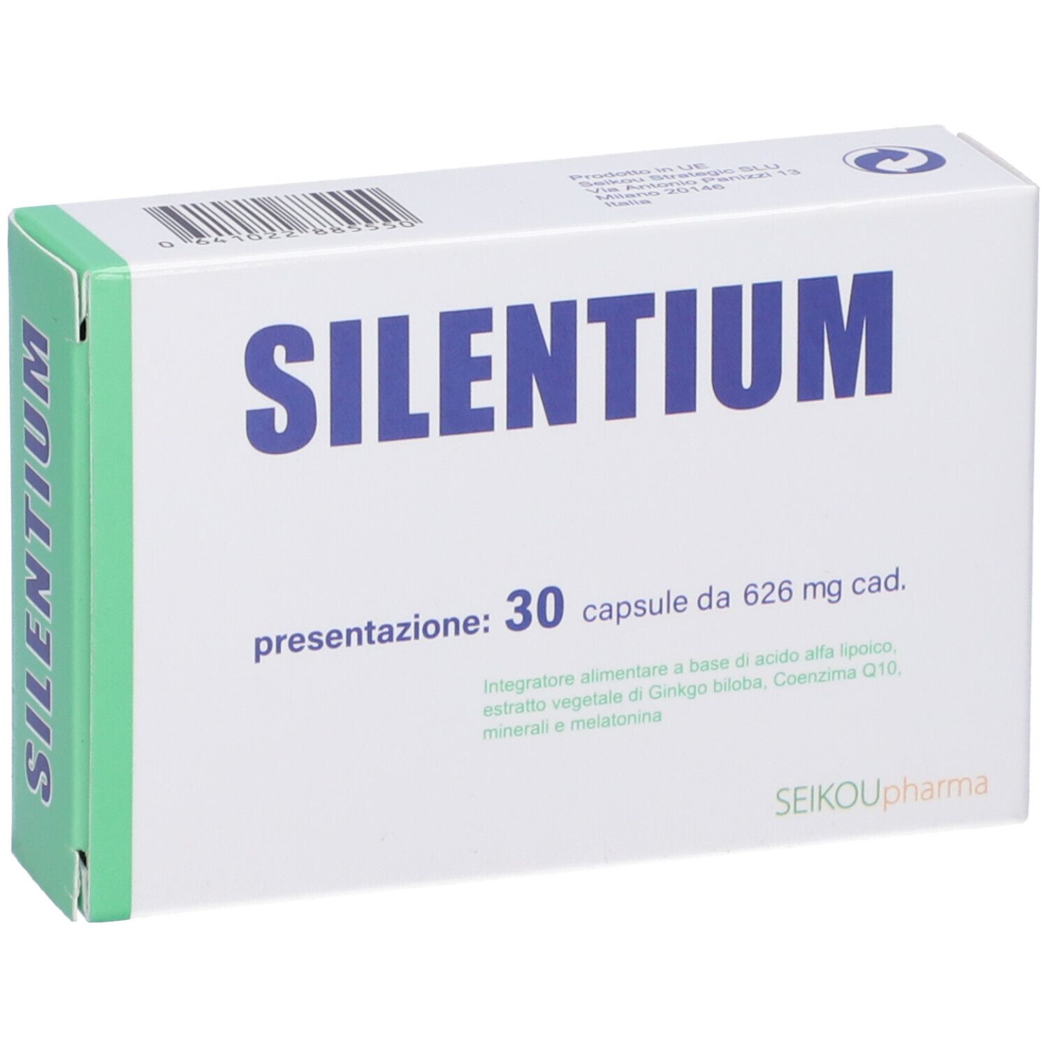 Scatola SILENTIUM, 30 capsule. Testo blu su sfondo bianco. Lati verdi.