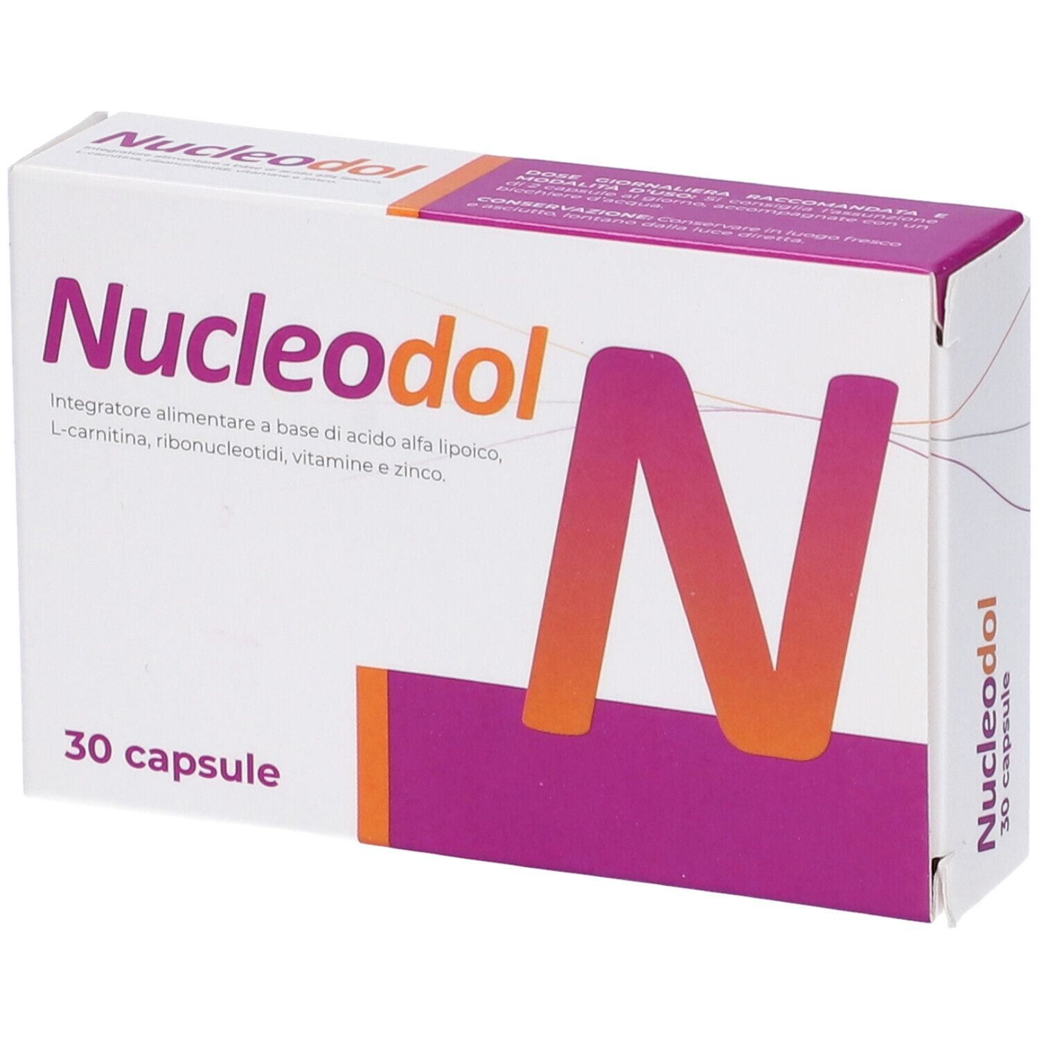 Scatola Nucleodol con 30 capsule. Grafica viola e arancione con lettera N. Ingredienti e informazioni nutrizionali.