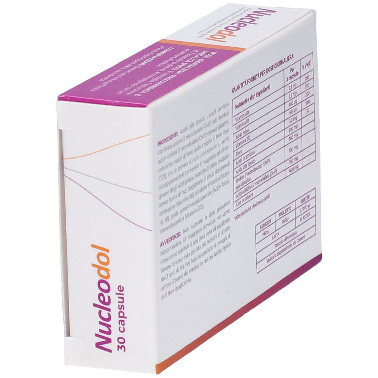 Scatola Nucleodol in diagonale. Testo con ingredienti e informazioni nutrizionali. 30 capsule.