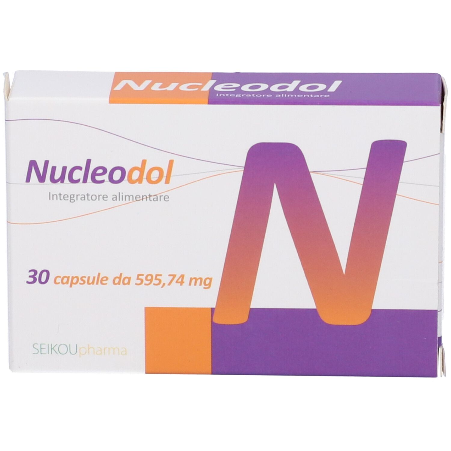 Scatola Nucleodol con 30 capsule. Grafica viola e arancione con lettera N. Marchio SEIKOUpharma.