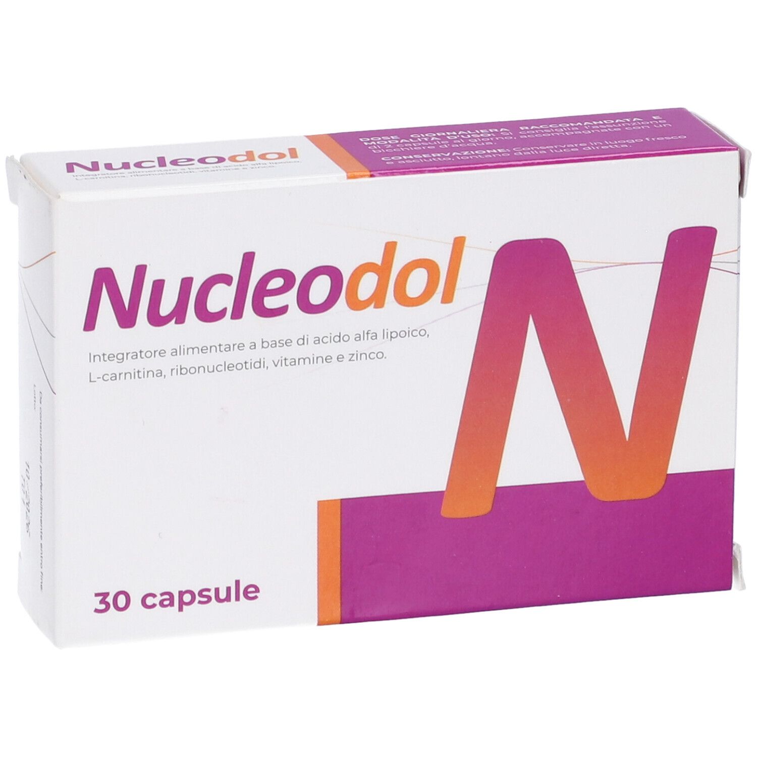 Scatola Nucleodol con 30 capsule. Grafica viola e arancione con lettera N. Informazioni sul prodotto.