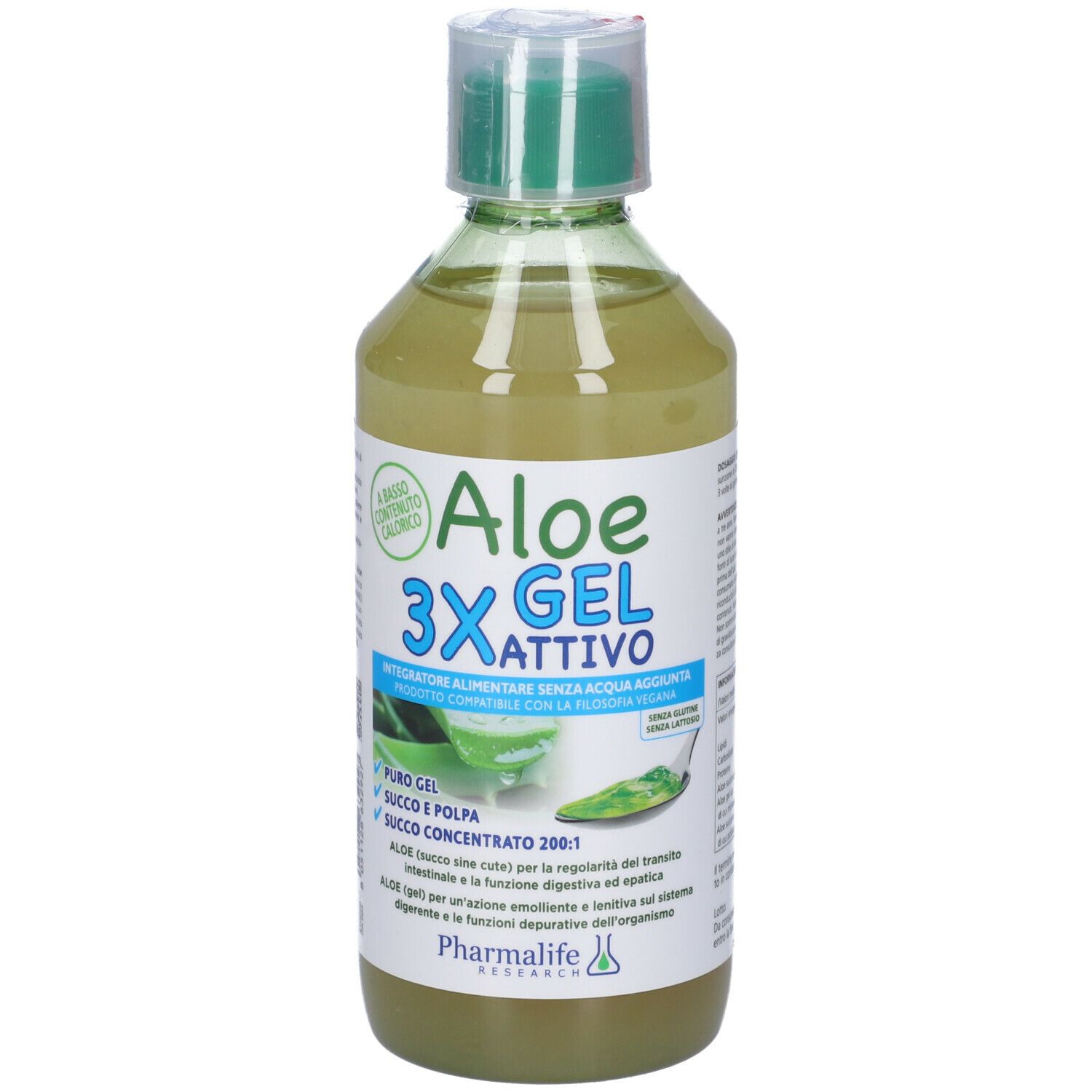 Gel di aloe vera 3X attivo, liquido verde in bottiglia con tappo verde. Scritta: 'Aloe 3X Gel Attivo'.