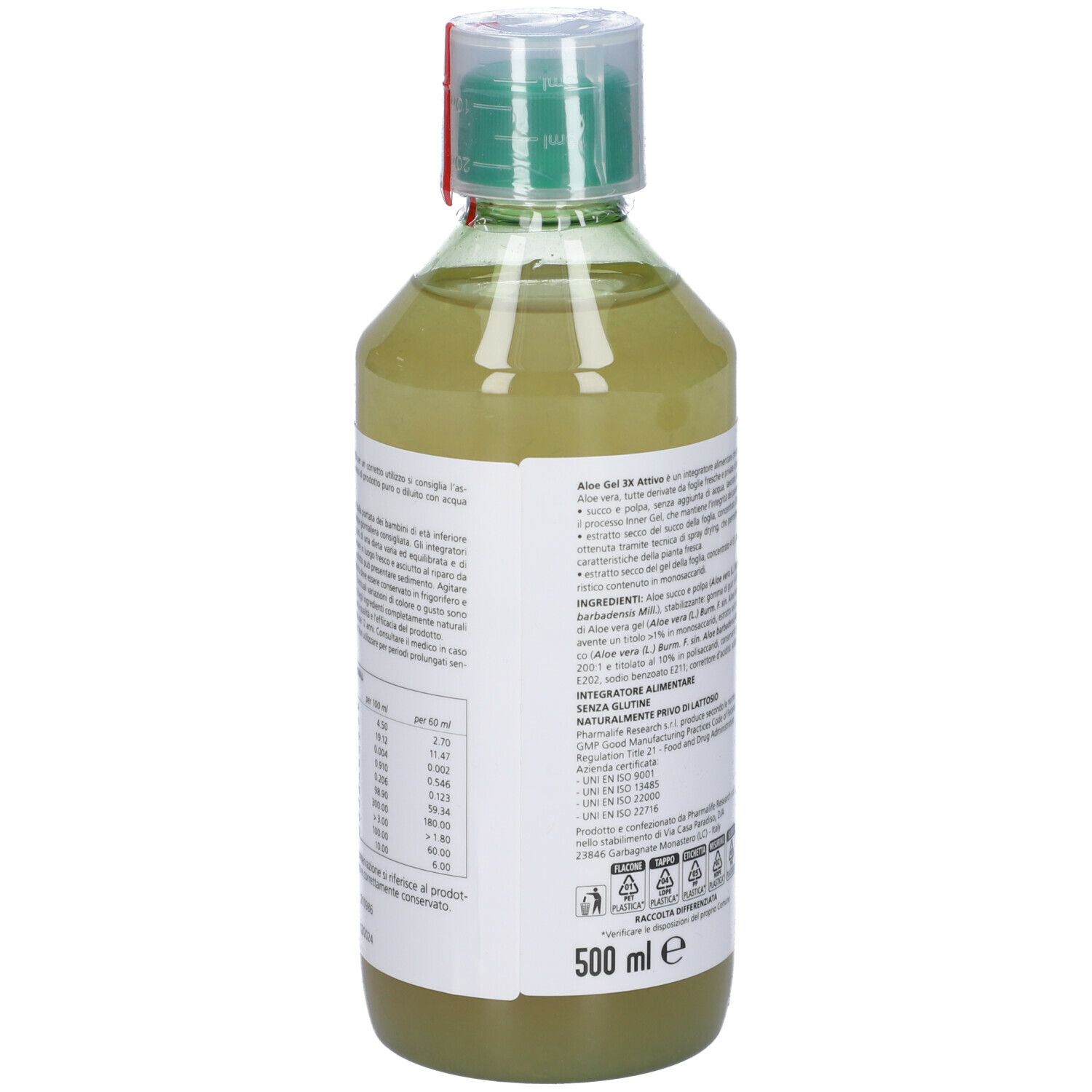 Gel di aloe vera 3X attivo, vista posteriore della bottiglia. Testo e informazioni sulla composizione. Tappo verde. 500 ml.