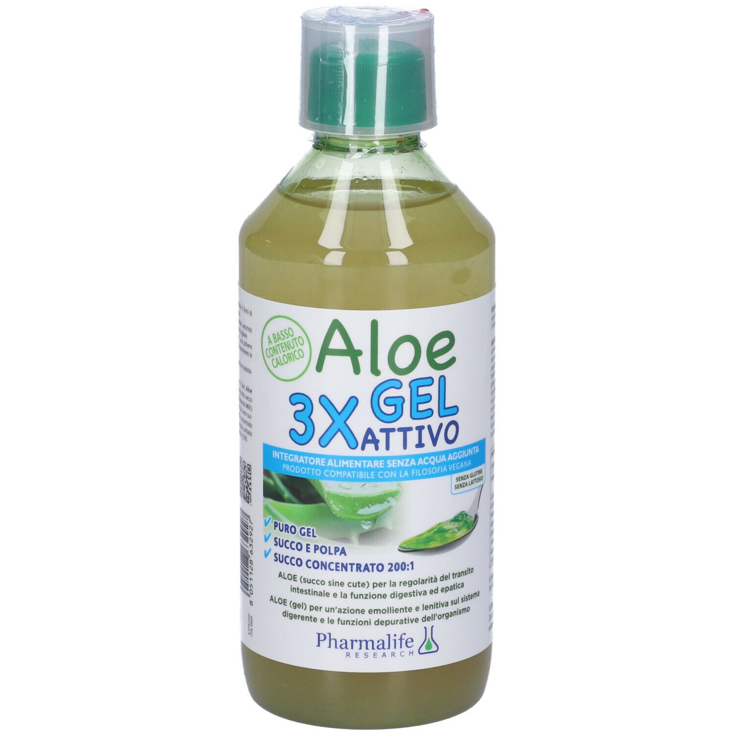 Gel di aloe vera 3X attivo, liquido verde in bottiglia con tappo verde. Scritta: 'Aloe 3X Gel Attivo'.