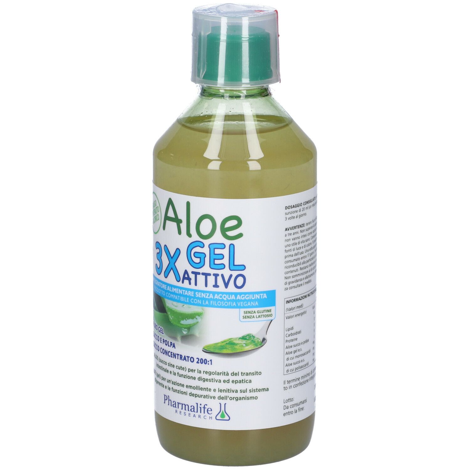 Gel di aloe vera 3X attivo, liquido verde in bottiglia con tappo verde. Scritta: 'Aloe 3X Gel Attivo'.