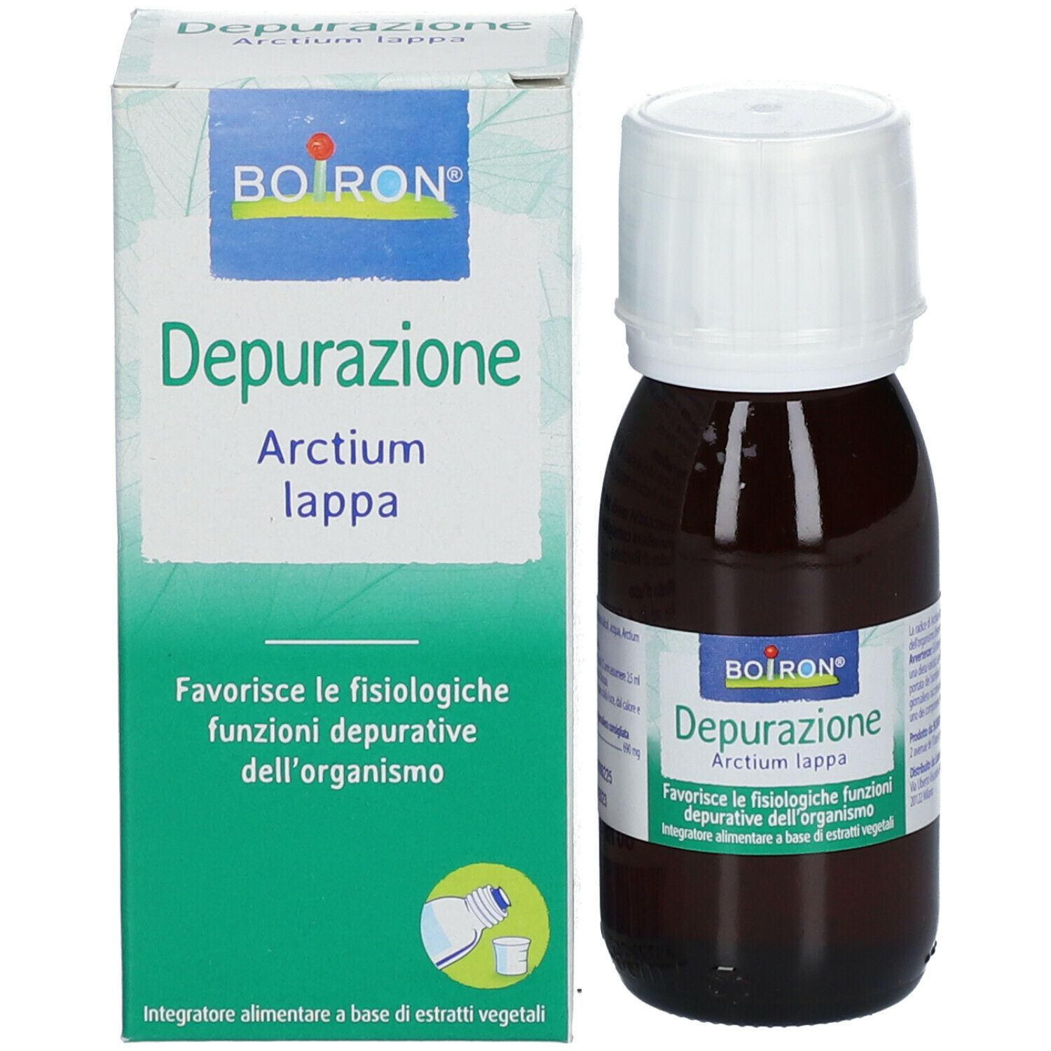 Flacone di vetro marrone con tappo bianco ed etichetta, accanto alla confezione verde. Nome del prodotto e logo.