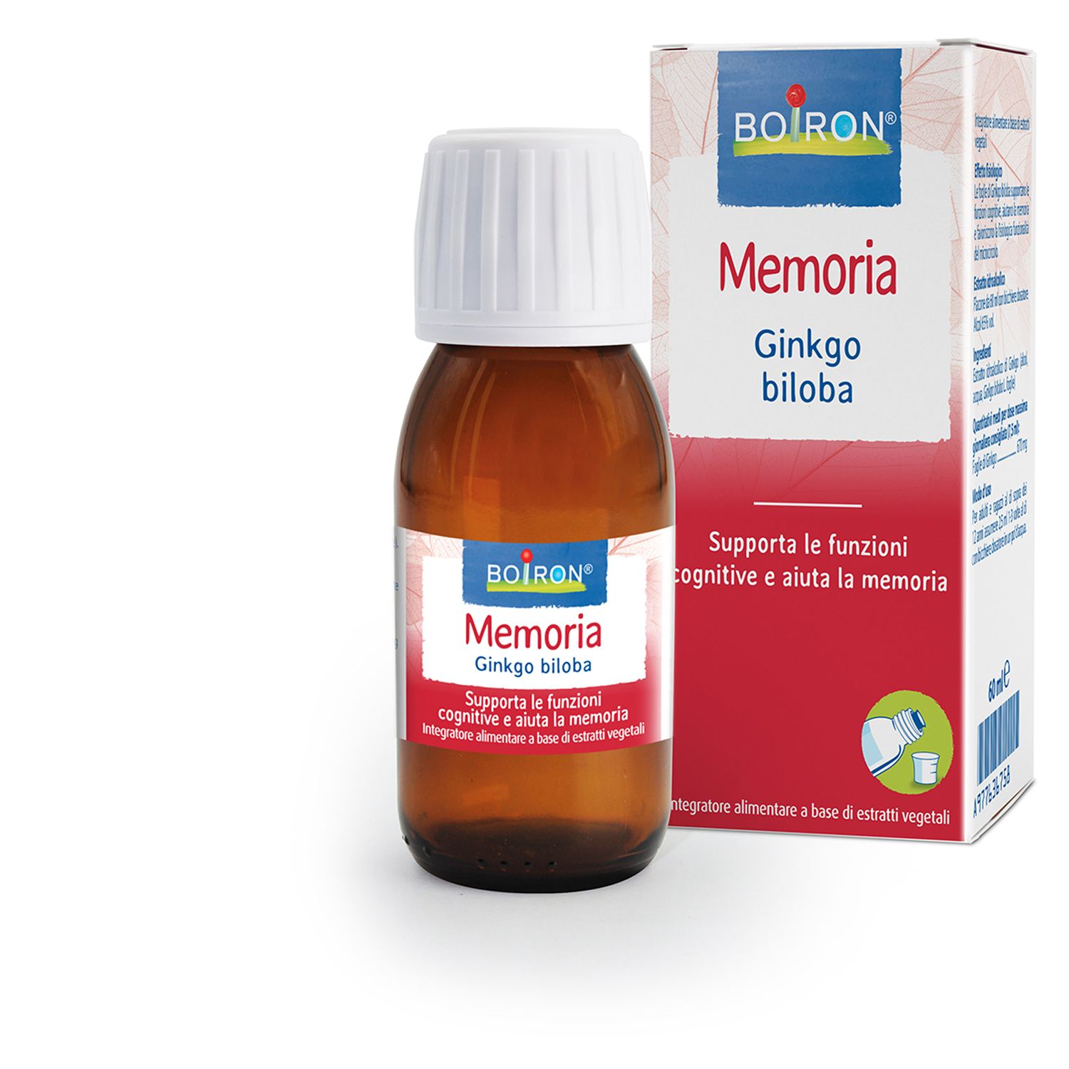 Flacone di vetro marrone con tappo bianco e confezione rossa. Scritta: BOIRON Memoria Ginkgo biloba.