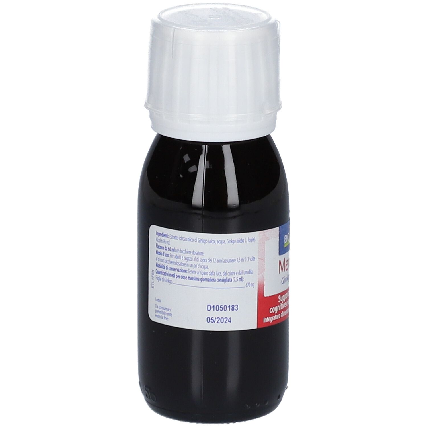 Flacone di vetro marrone con tappo bianco. Scritta: BOIRON Memoria Ginkgo biloba. Contenuto liquido.
