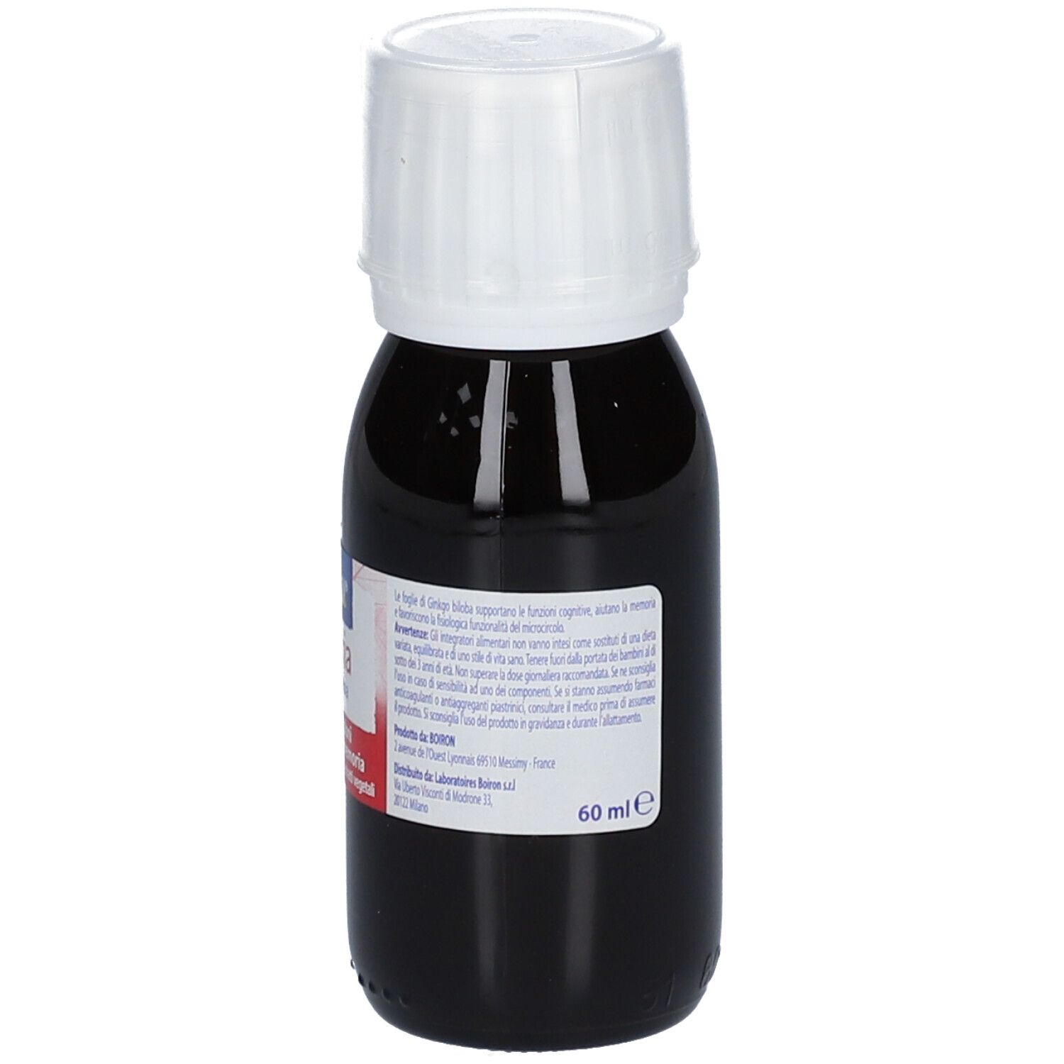 Flacone di vetro marrone con tappo bianco. Scritta: BOIRON Memoria Ginkgo biloba. Contenuto liquido.