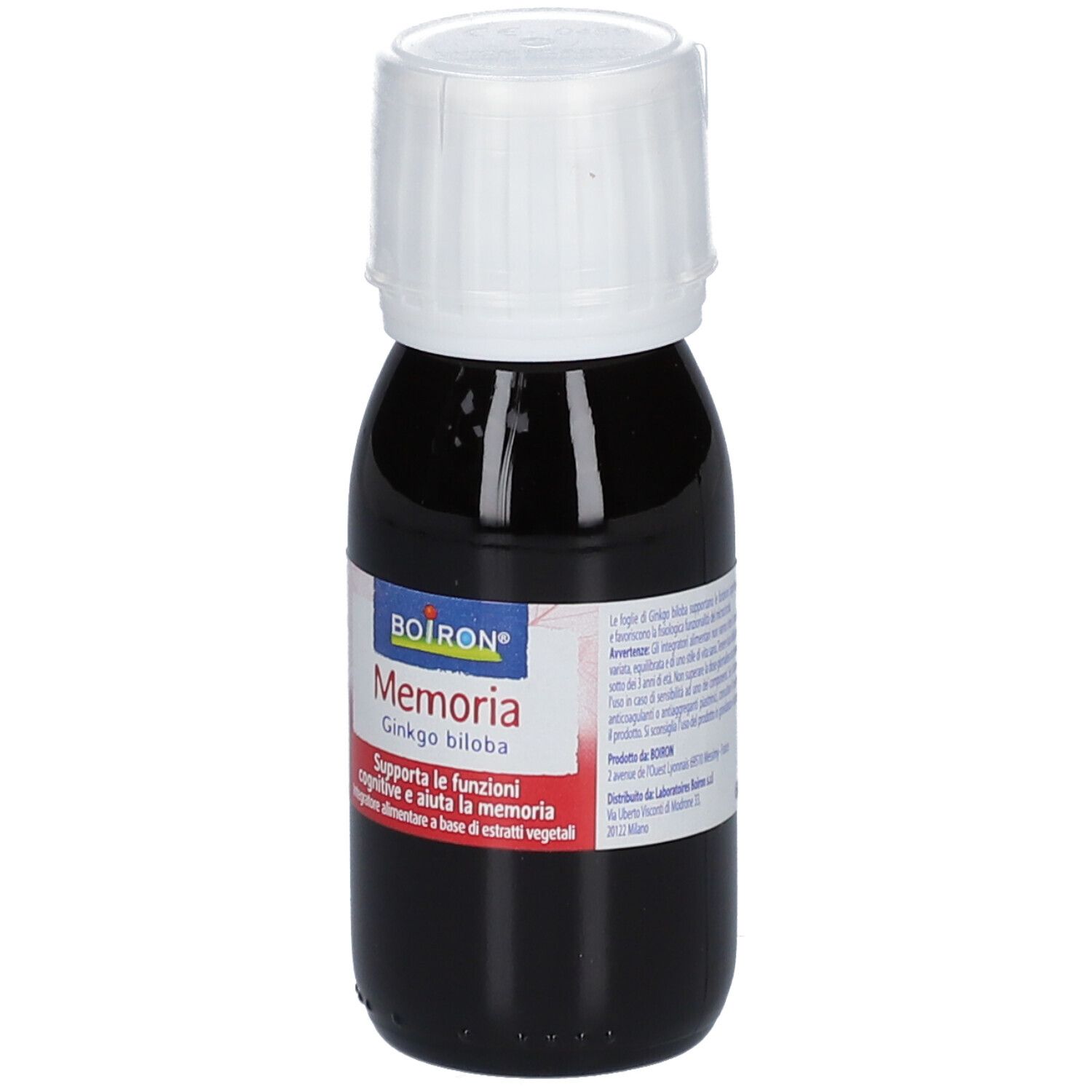 Flacone di vetro marrone con tappo bianco. Scritta: BOIRON Memoria Ginkgo biloba. Contenuto liquido.
