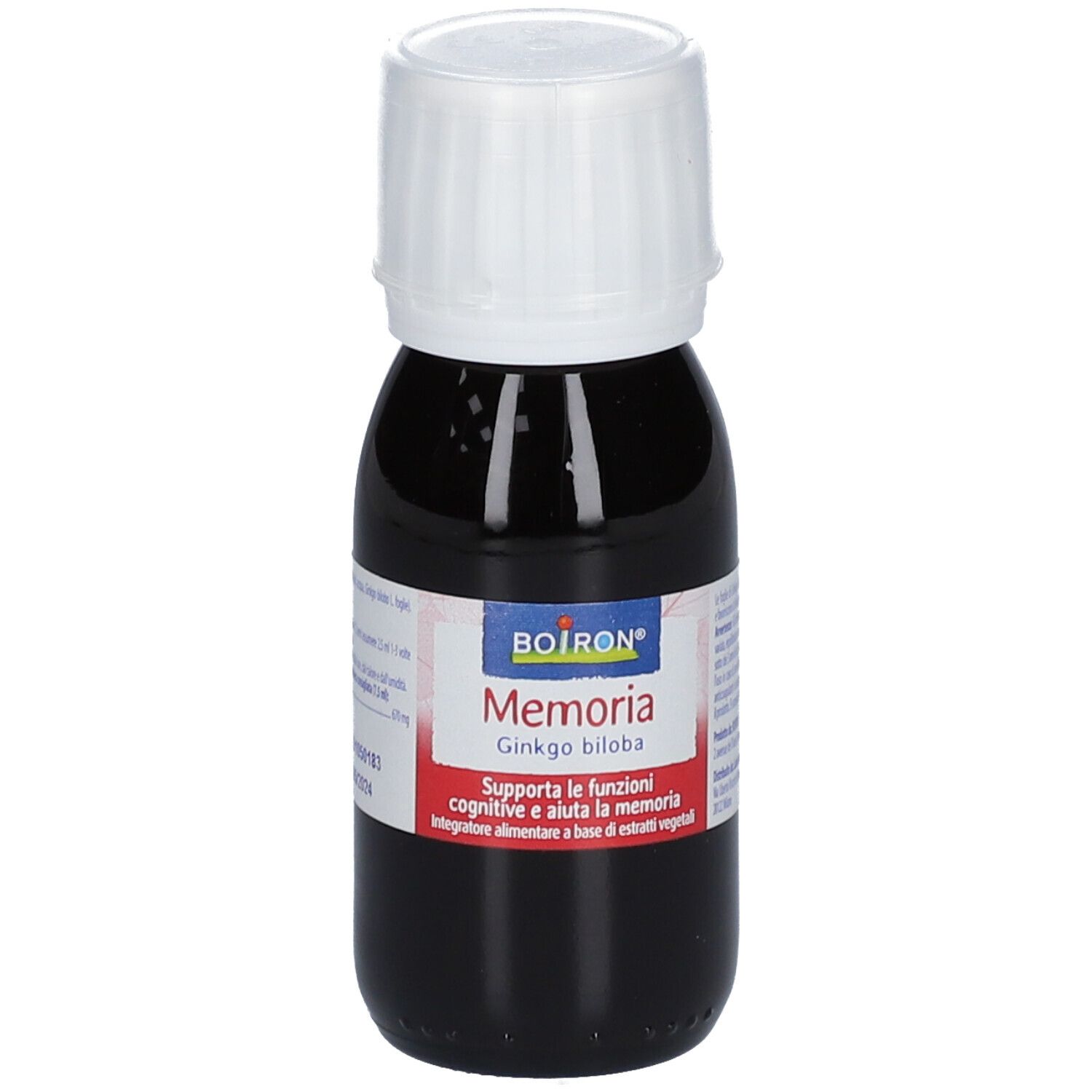 Flacone di vetro marrone con tappo bianco. Scritta: BOIRON Memoria Ginkgo biloba. Contenuto liquido.