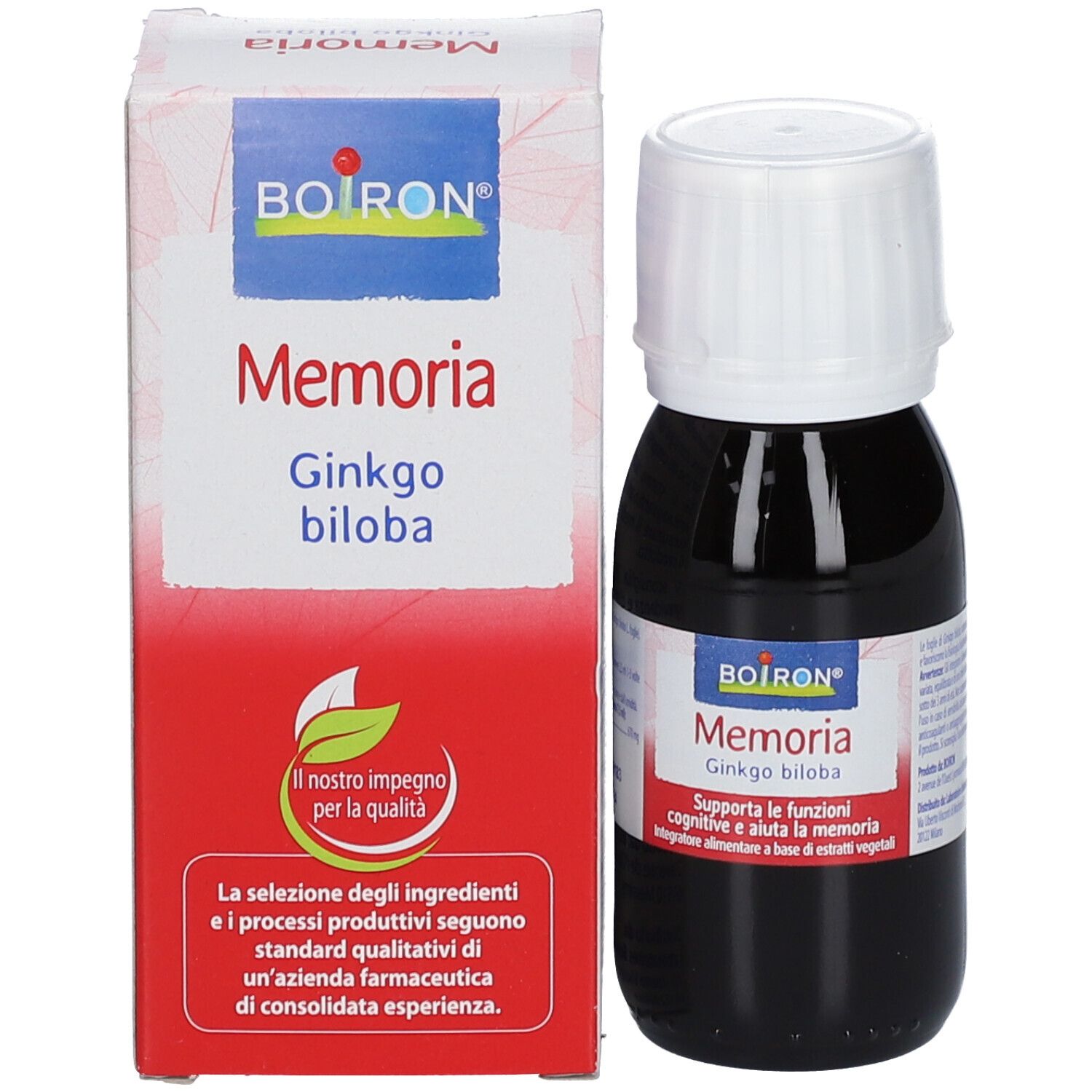 Flacone di vetro marrone con tappo bianco e confezione. Scritta: BOIRON Memoria Ginkgo biloba.