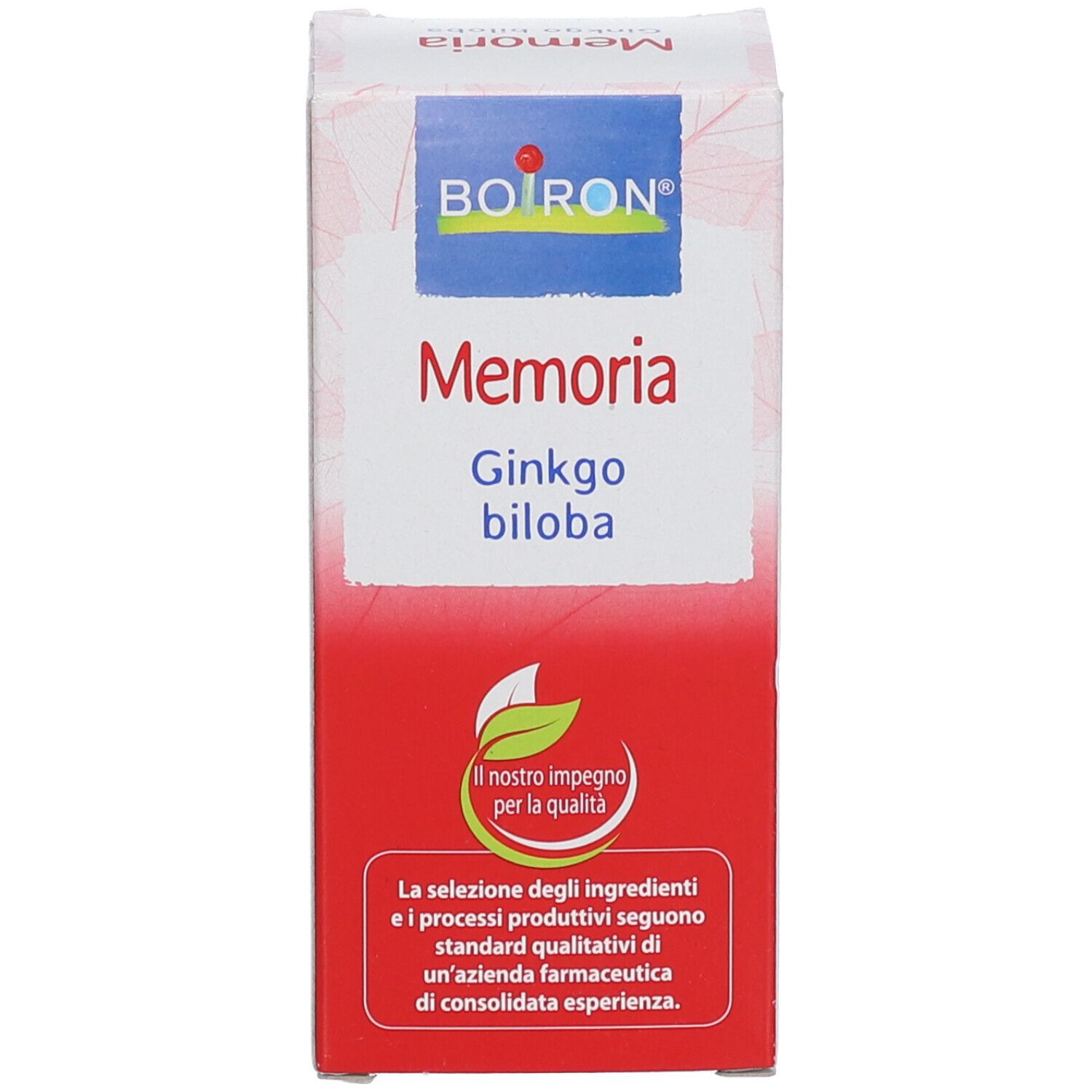 Confezione rossa con scritta bianca. Scritta: BOIRON Memoria Ginkgo biloba. Logo.