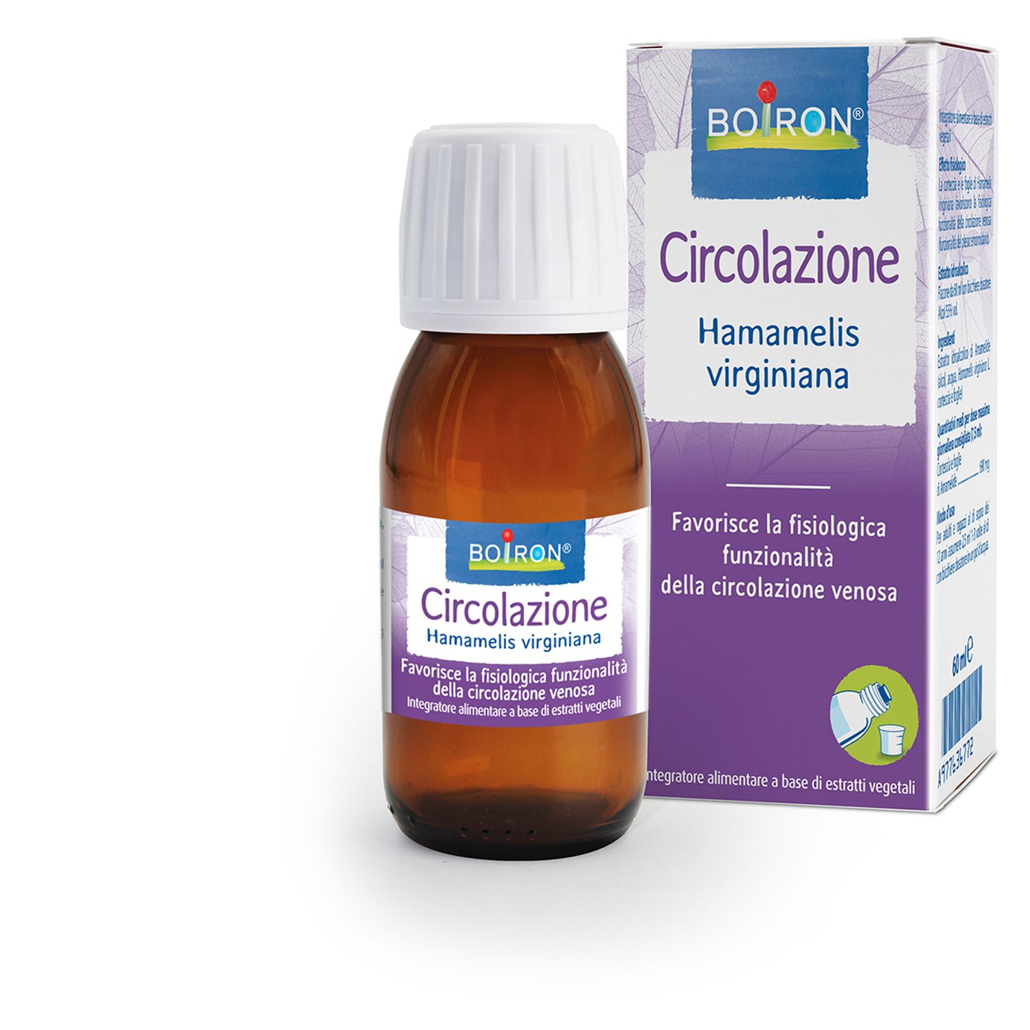 Flacone di vetro marrone con tappo bianco e confezione. Scritta: BOIRON® Circolazione Hamamelis virginiana.