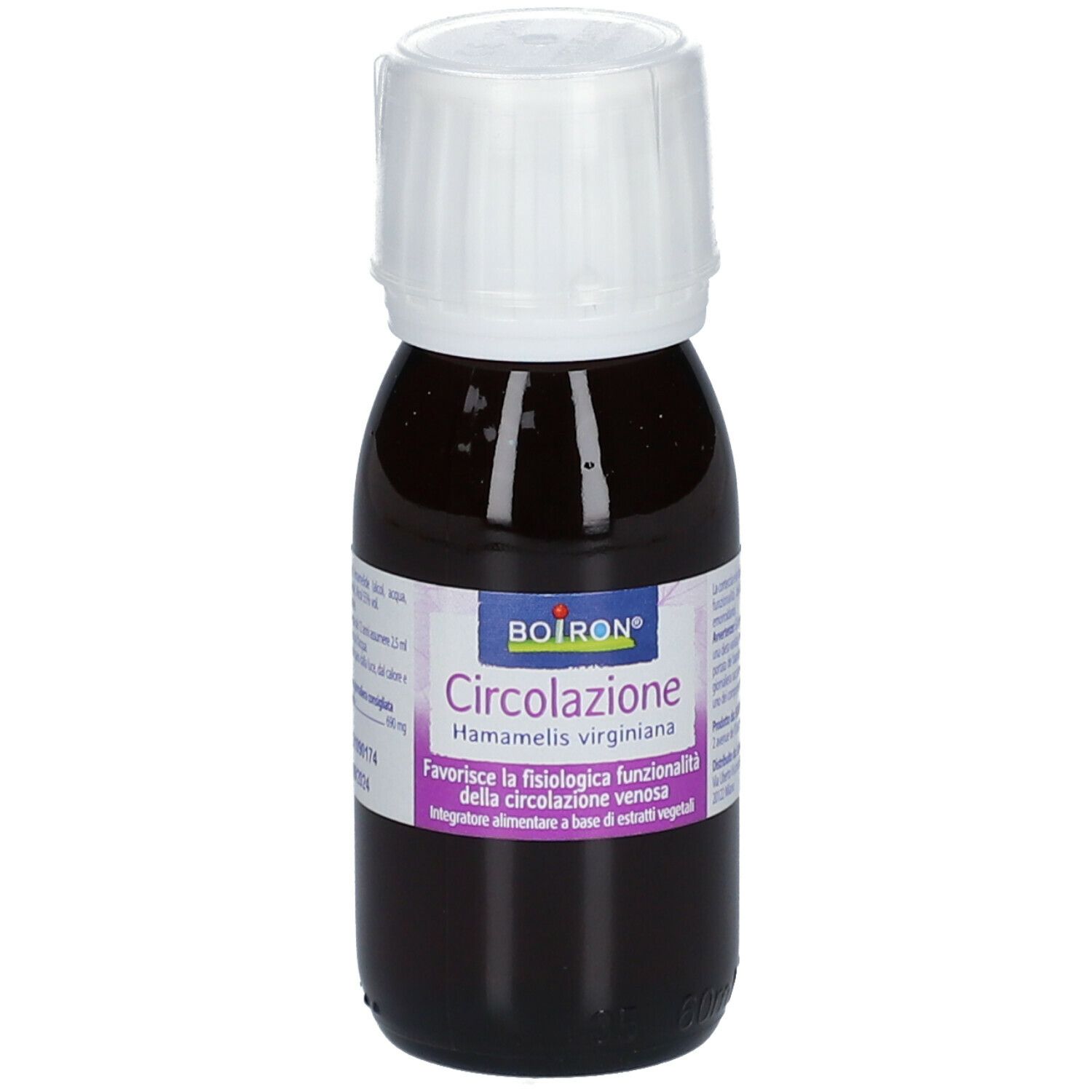 Flacone di vetro marrone con tappo bianco. Scritta: BOIRON® Circolazione Hamamelis virginiana.