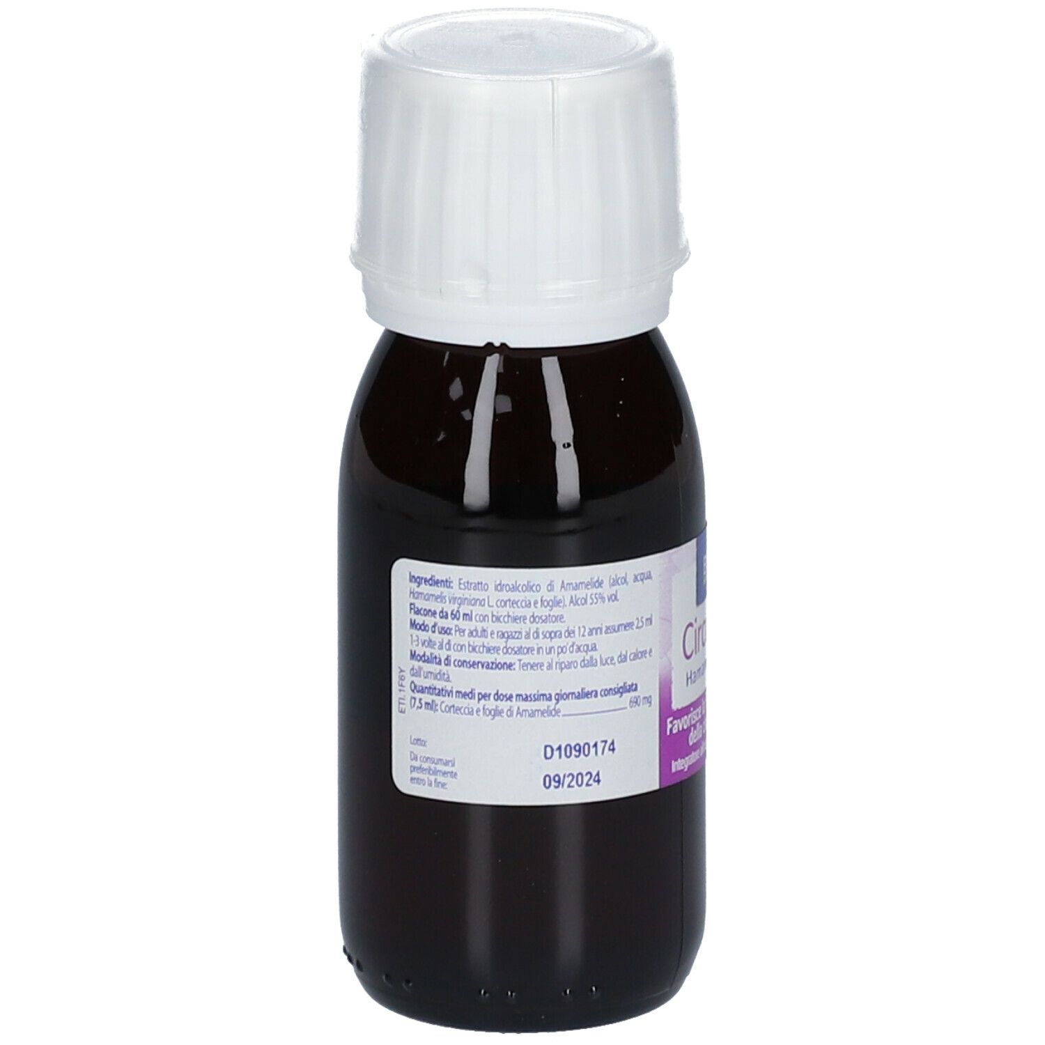 Flacone di vetro marrone con tappo bianco. Scritta: BOIRON® Circolazione Hamamelis virginiana.