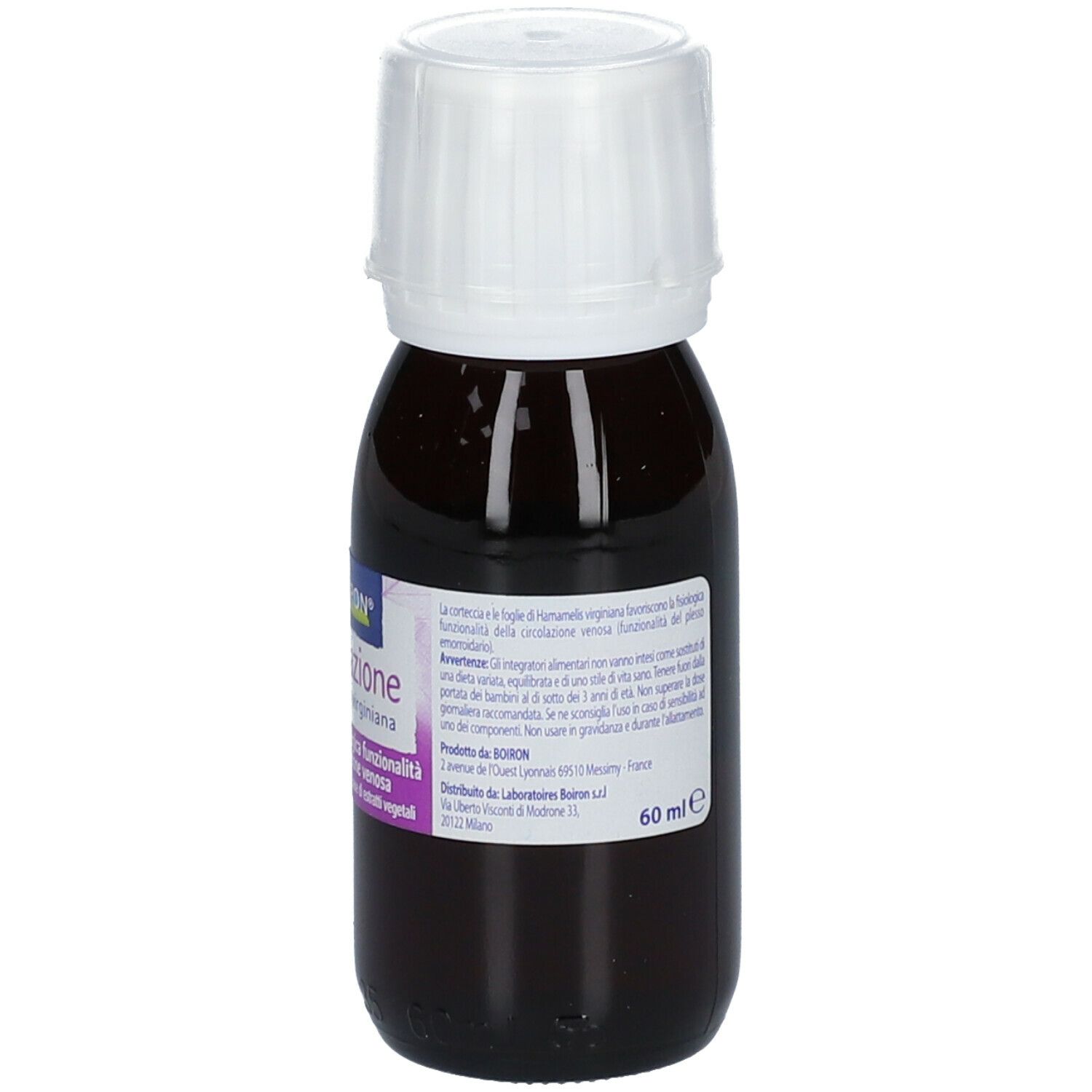 Flacone di vetro marrone con tappo bianco. Scritta: BOIRON® Circolazione Hamamelis virginiana.