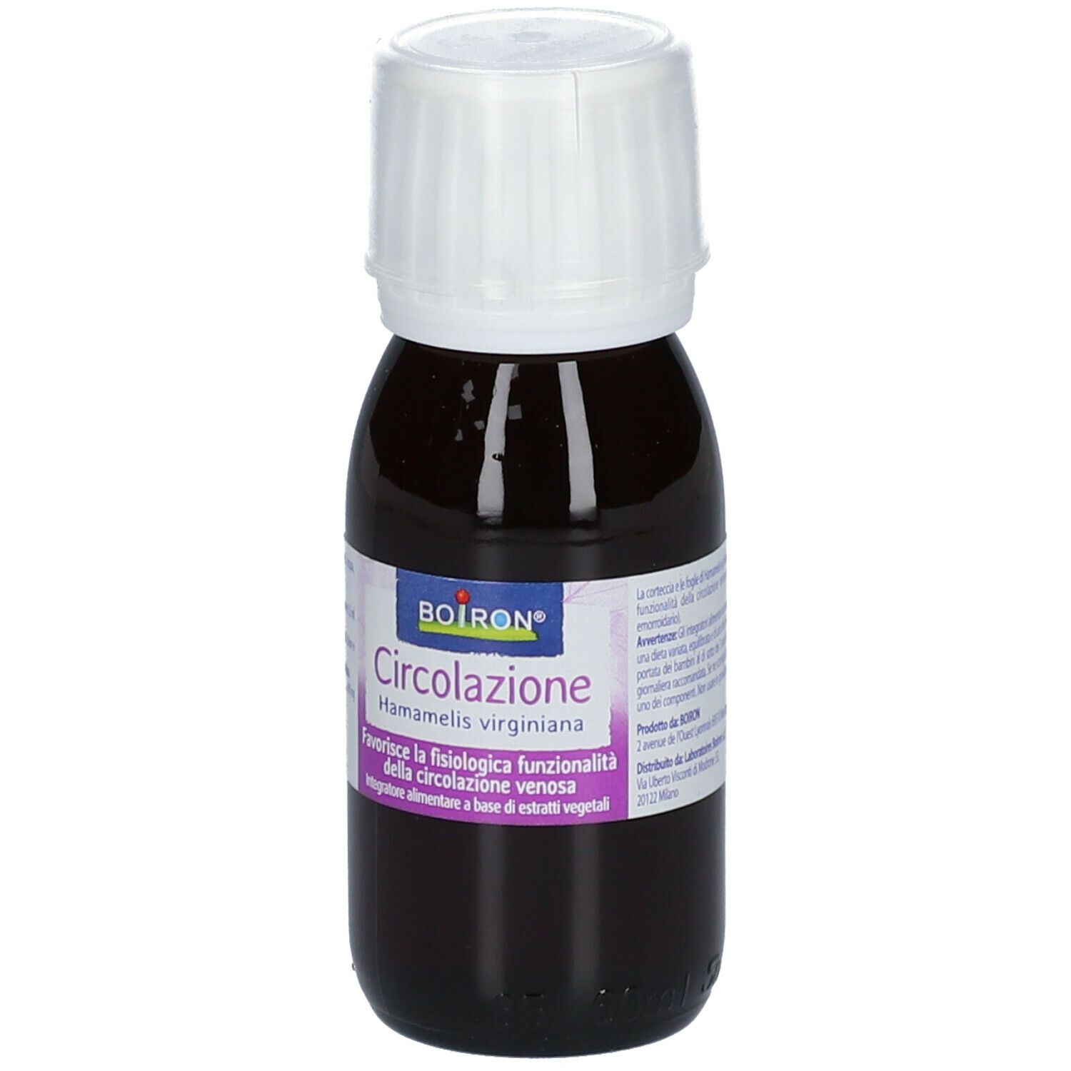 Flacone di vetro marrone con tappo bianco. Scritta: BOIRON® Circolazione Hamamelis virginiana.